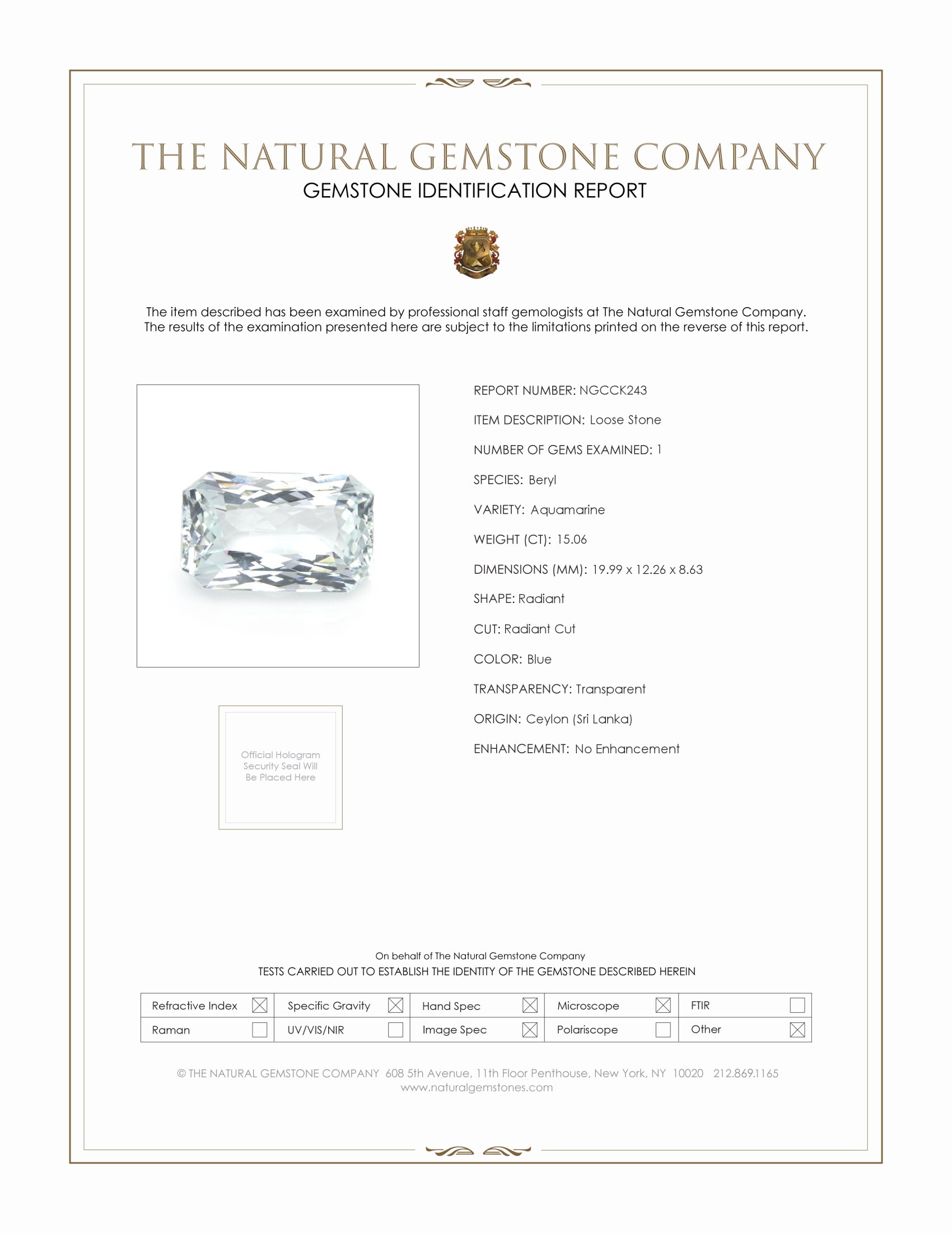 15.06 Ct. Greenish Blue Aquamarine from Ceylon (Sri Lanka)