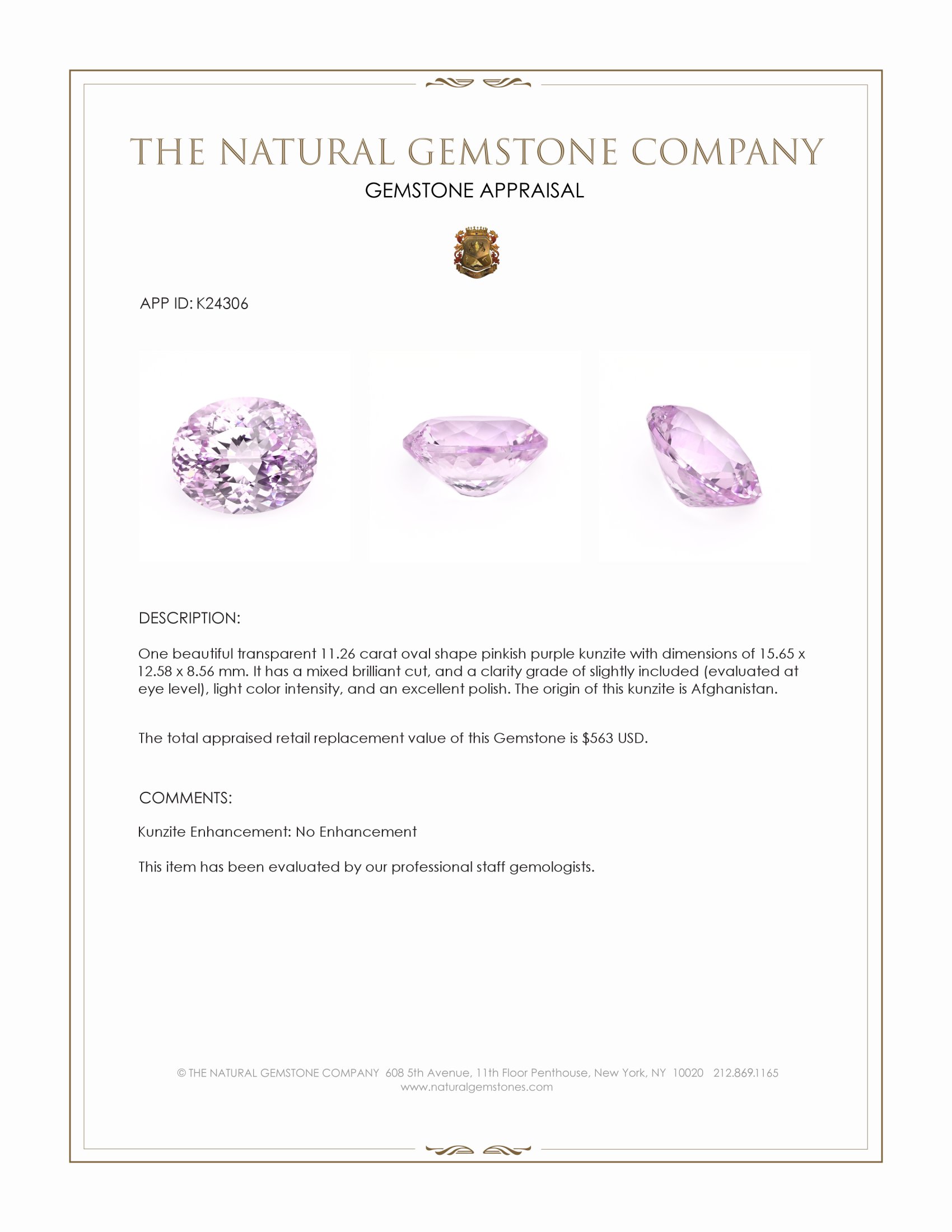 11.26 Ct. Pinkish Purple Kunzite from Afghanistan