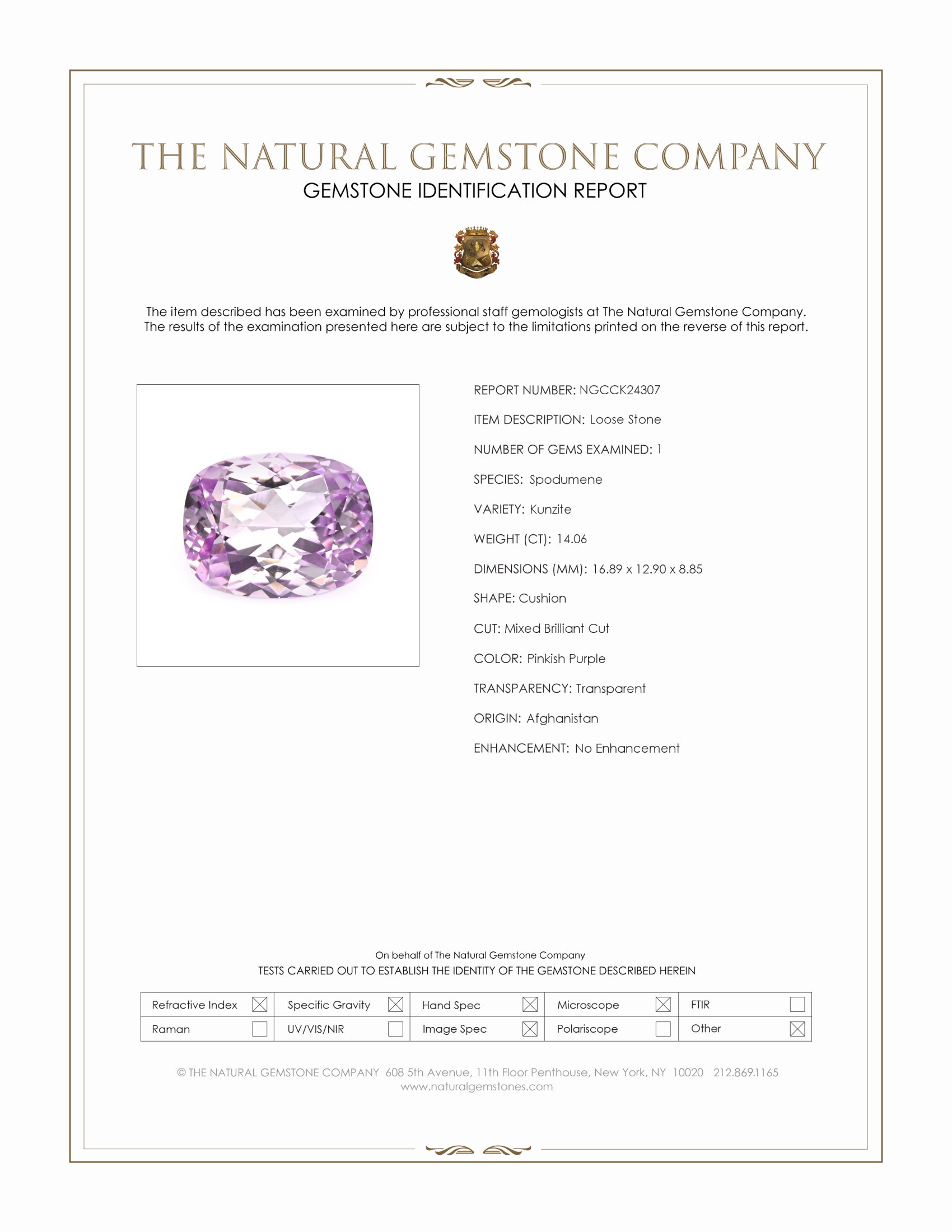 14.06 Ct. Pinkish Purple Kunzite from Afghanistan