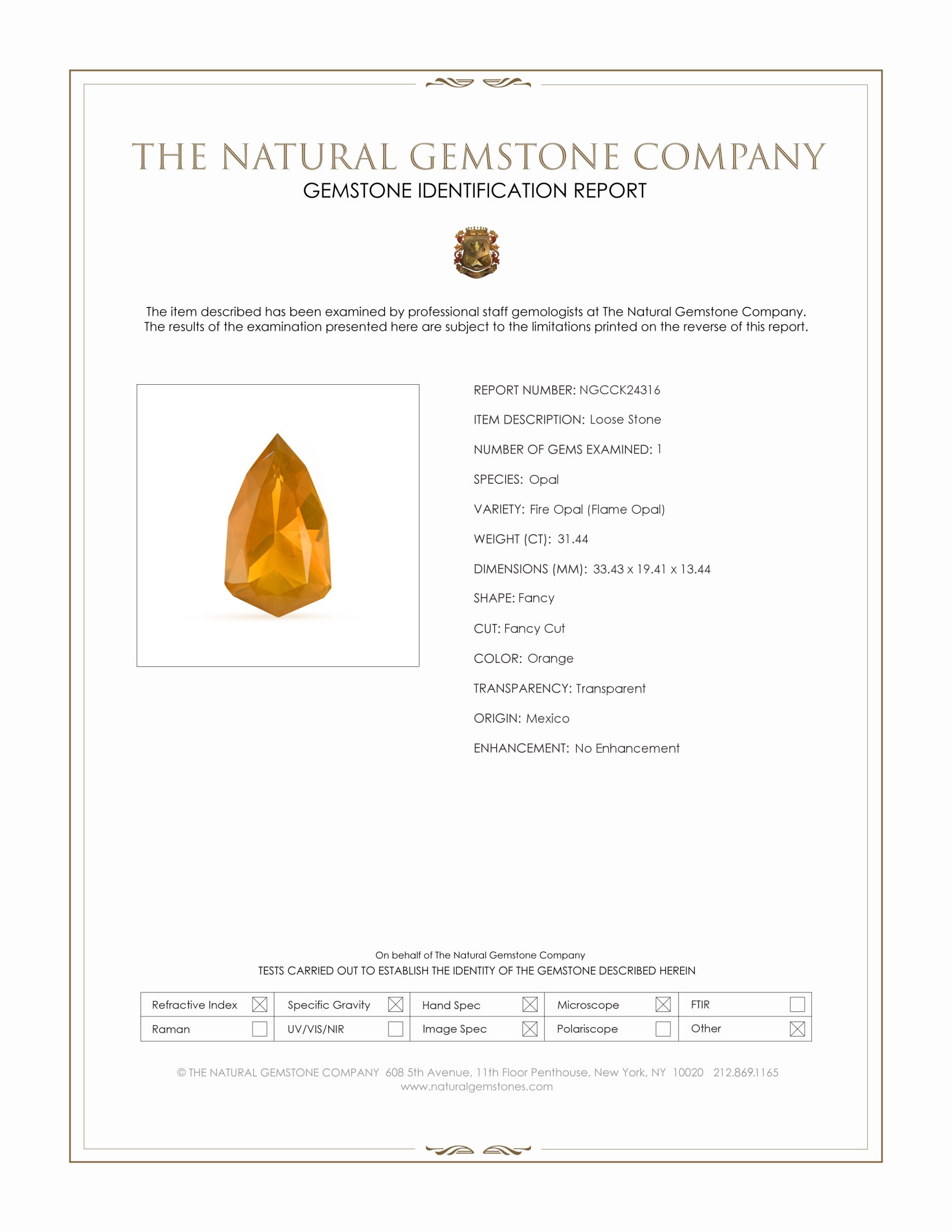 31.44 Ct. Orange Fire Opal (Flame Opal) from Mexico
