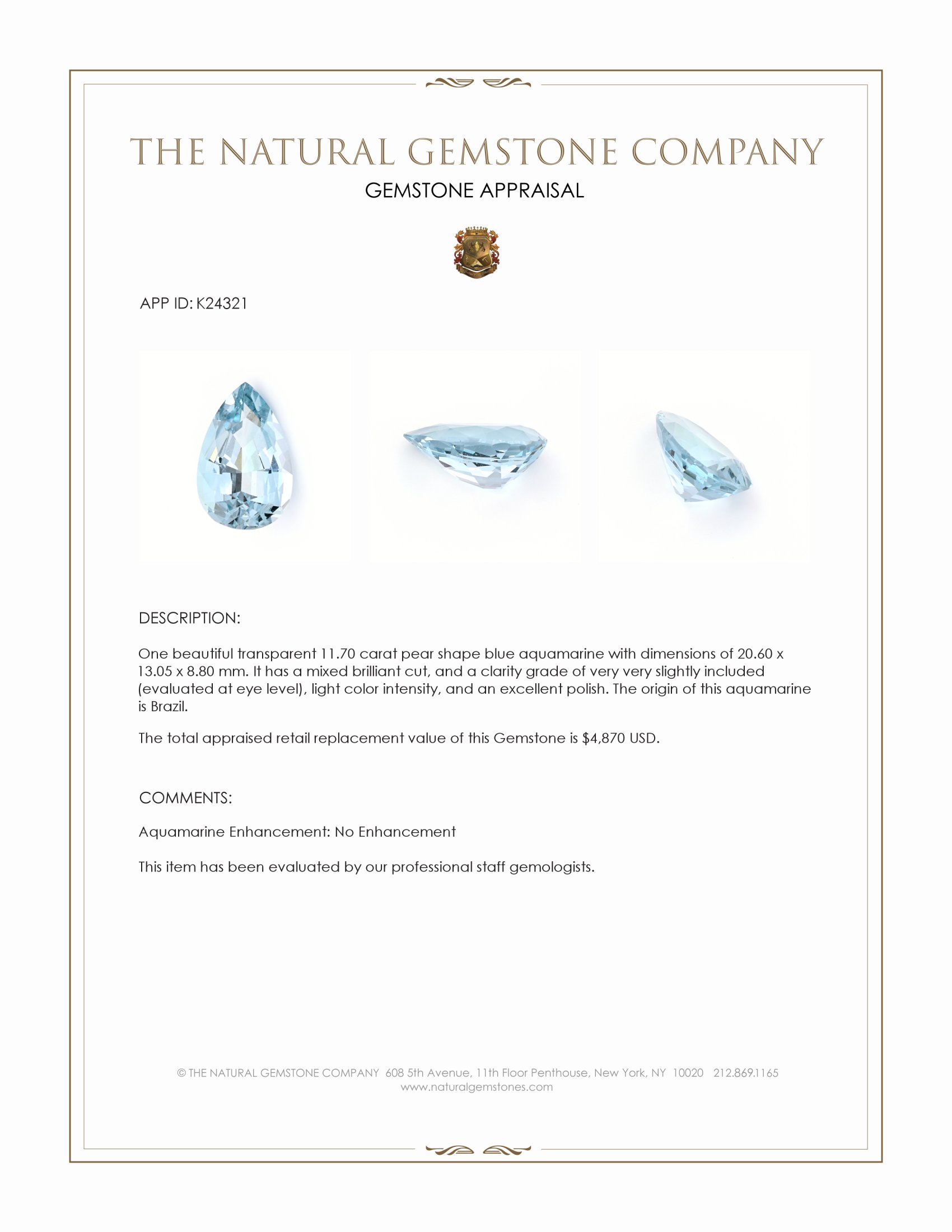 11.70 Ct. Blue Aquamarine from Brazil