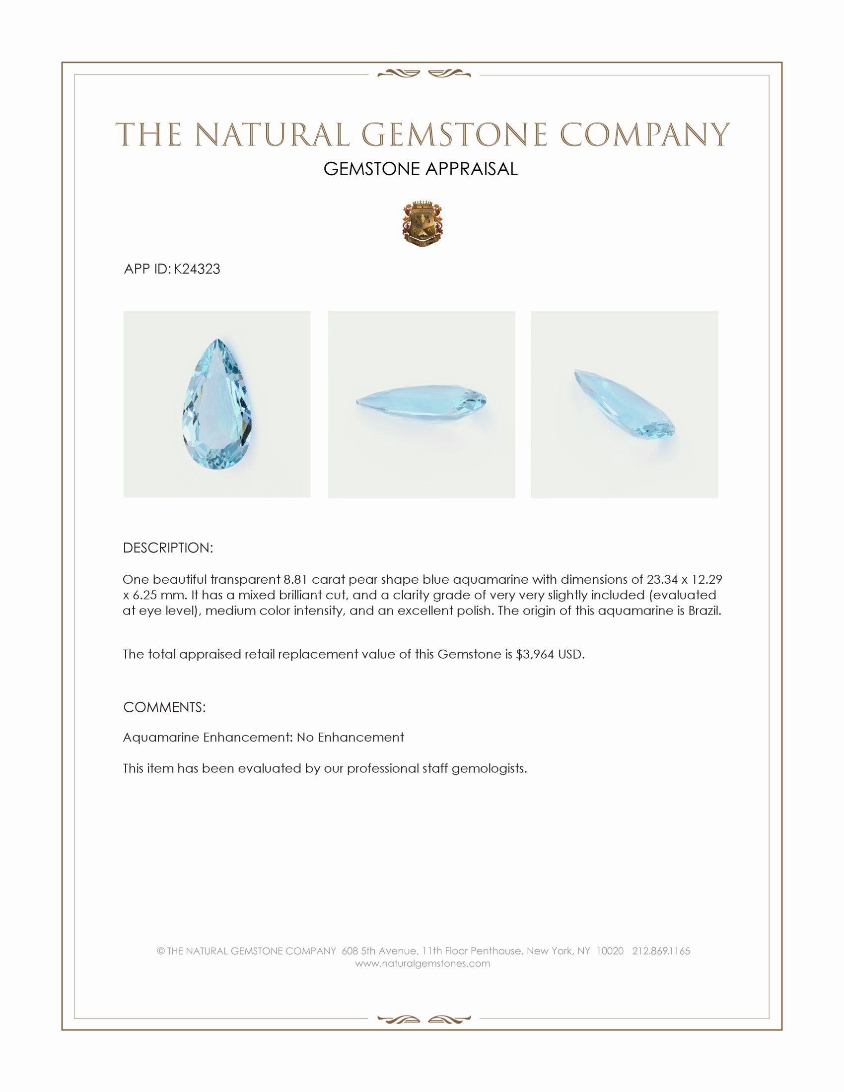 8.81 Ct. Blue Aquamarine from Brazil