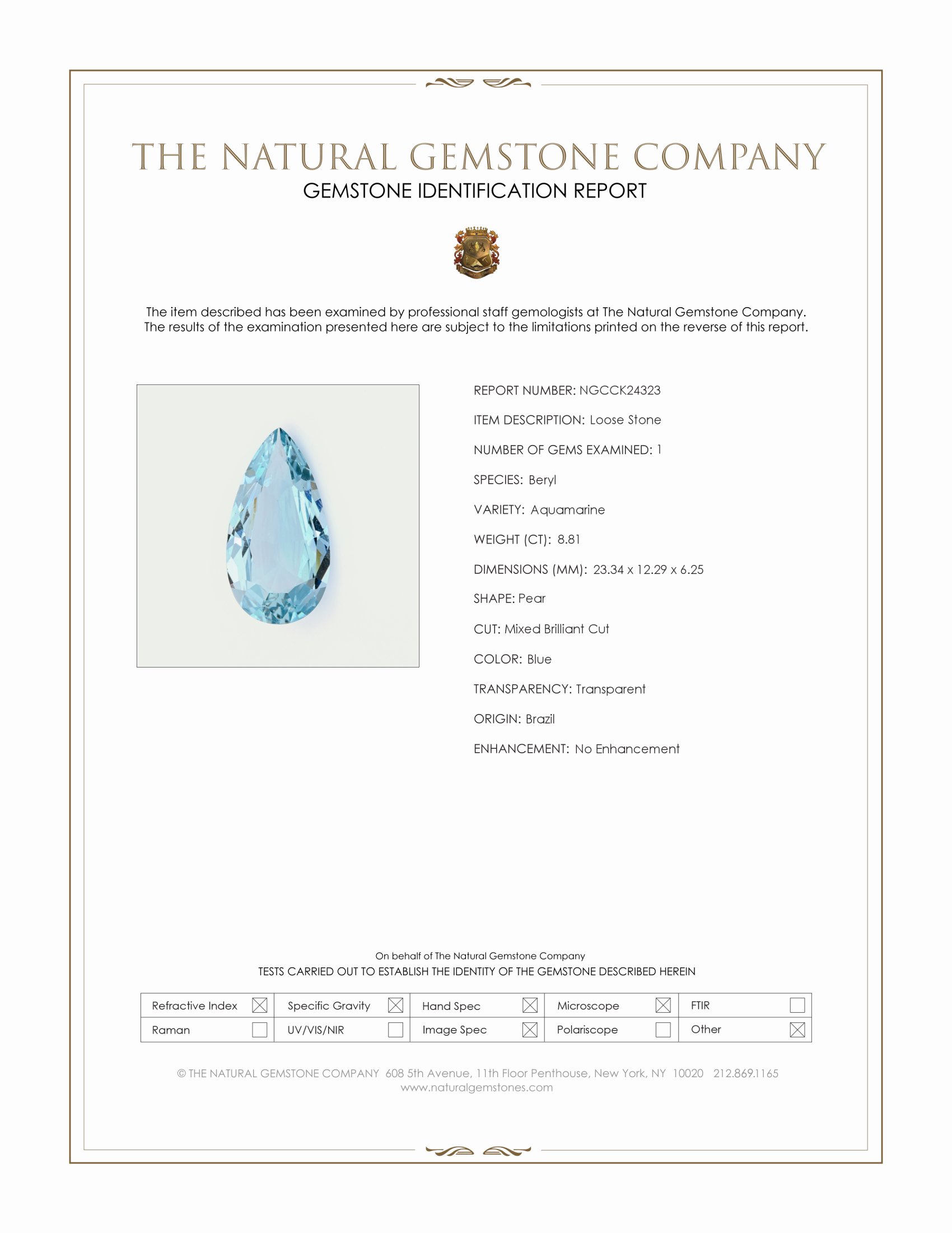 8.81 Ct. Blue Aquamarine from Brazil