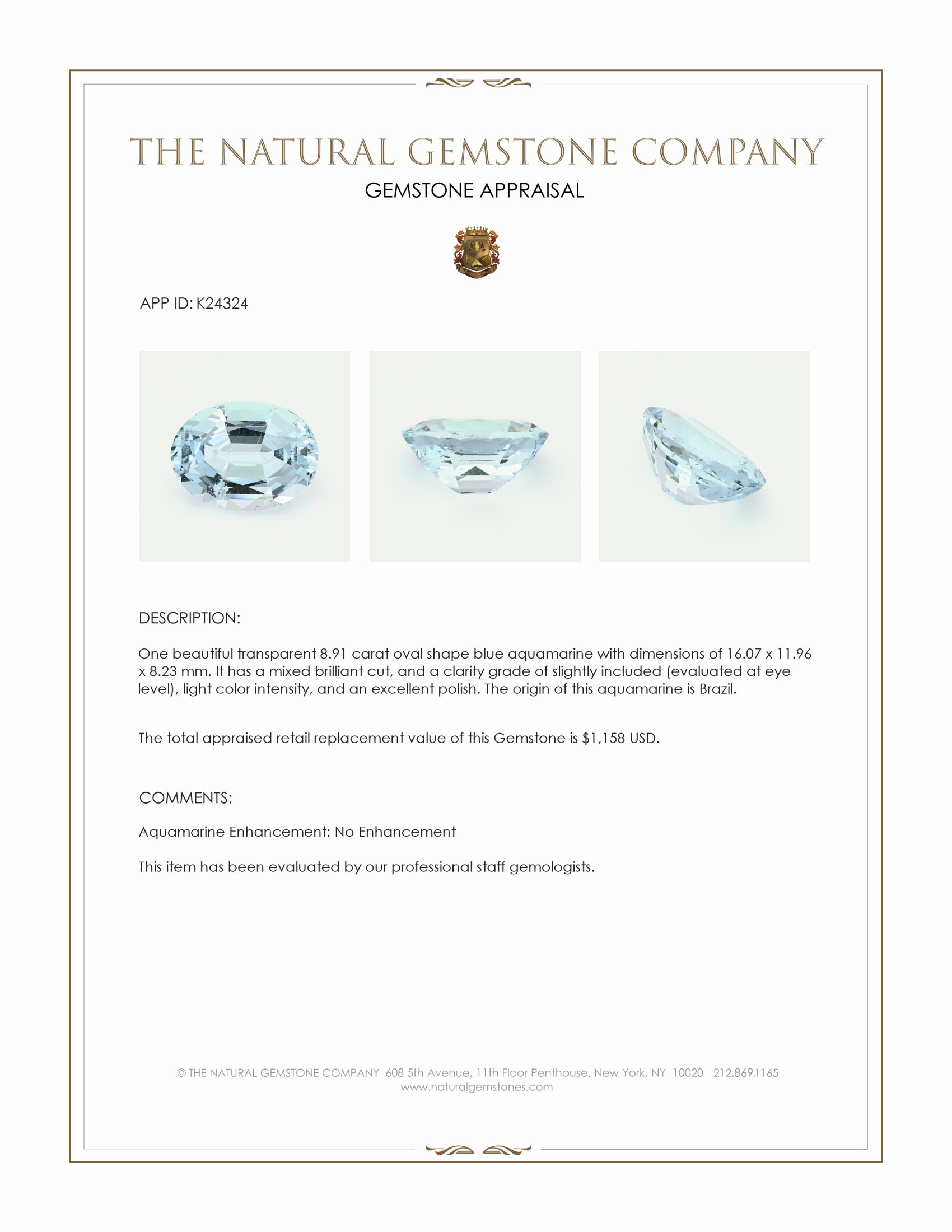 8.91 Ct. Blue Aquamarine from Brazil