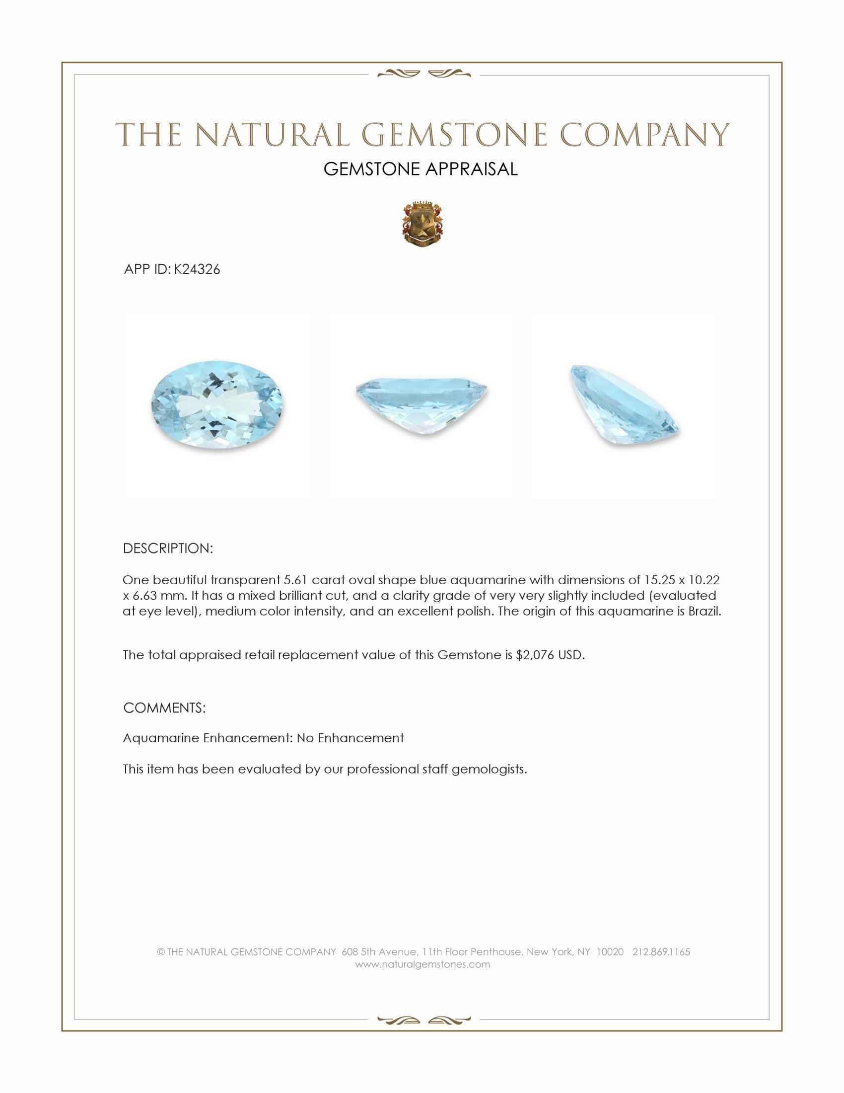 5.61 Ct. Blue Aquamarine from Brazil