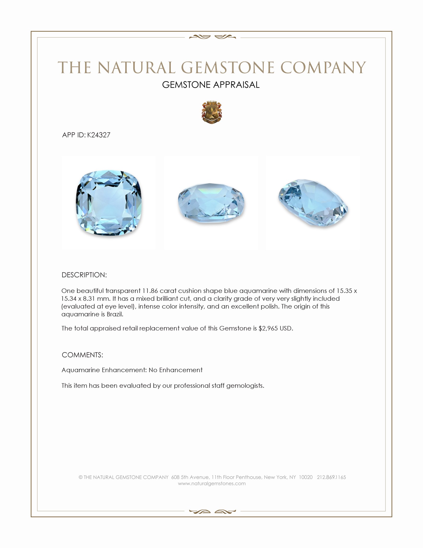 11.86 Ct. Blue Aquamarine from Brazil