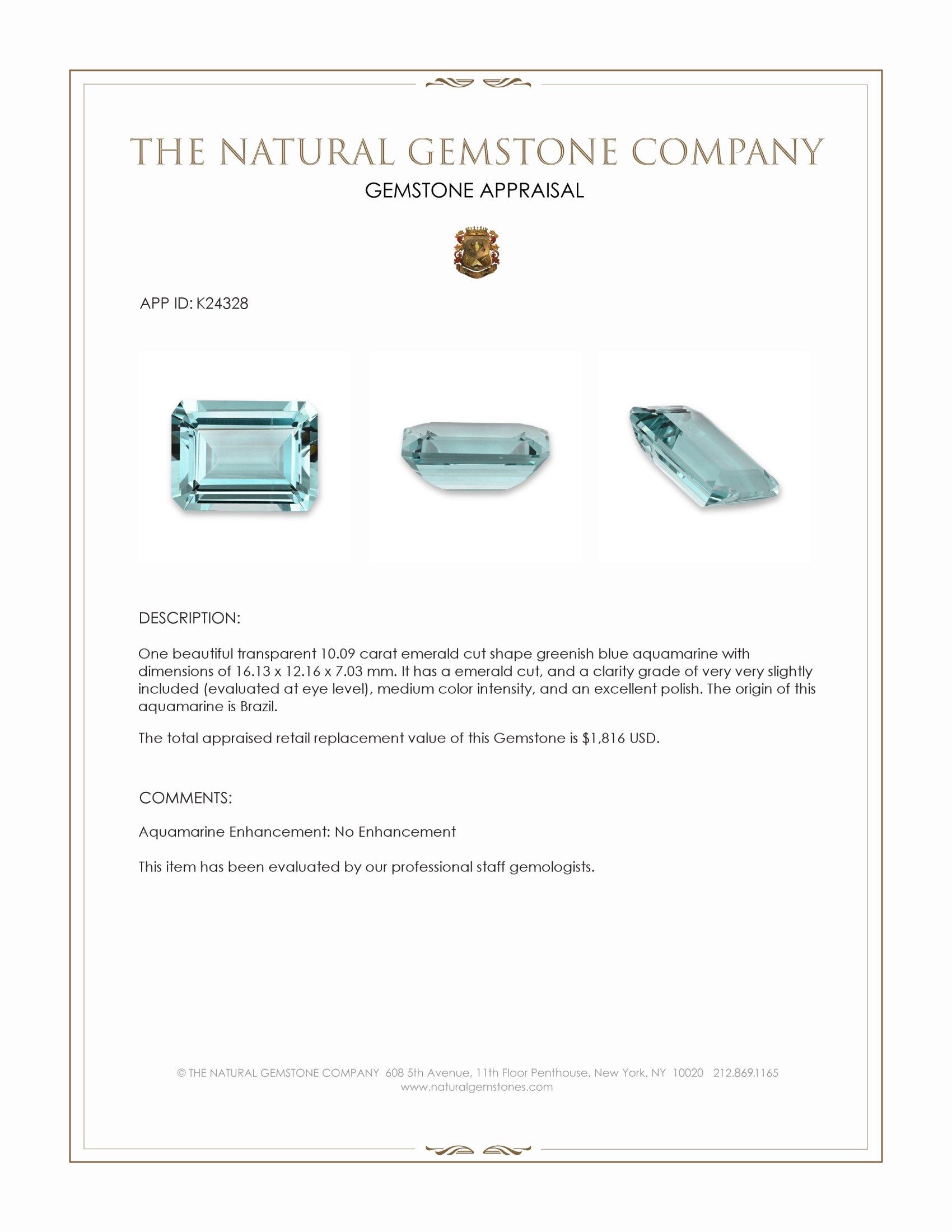 10.09 Ct. Greenish Blue Aquamarine from Brazil