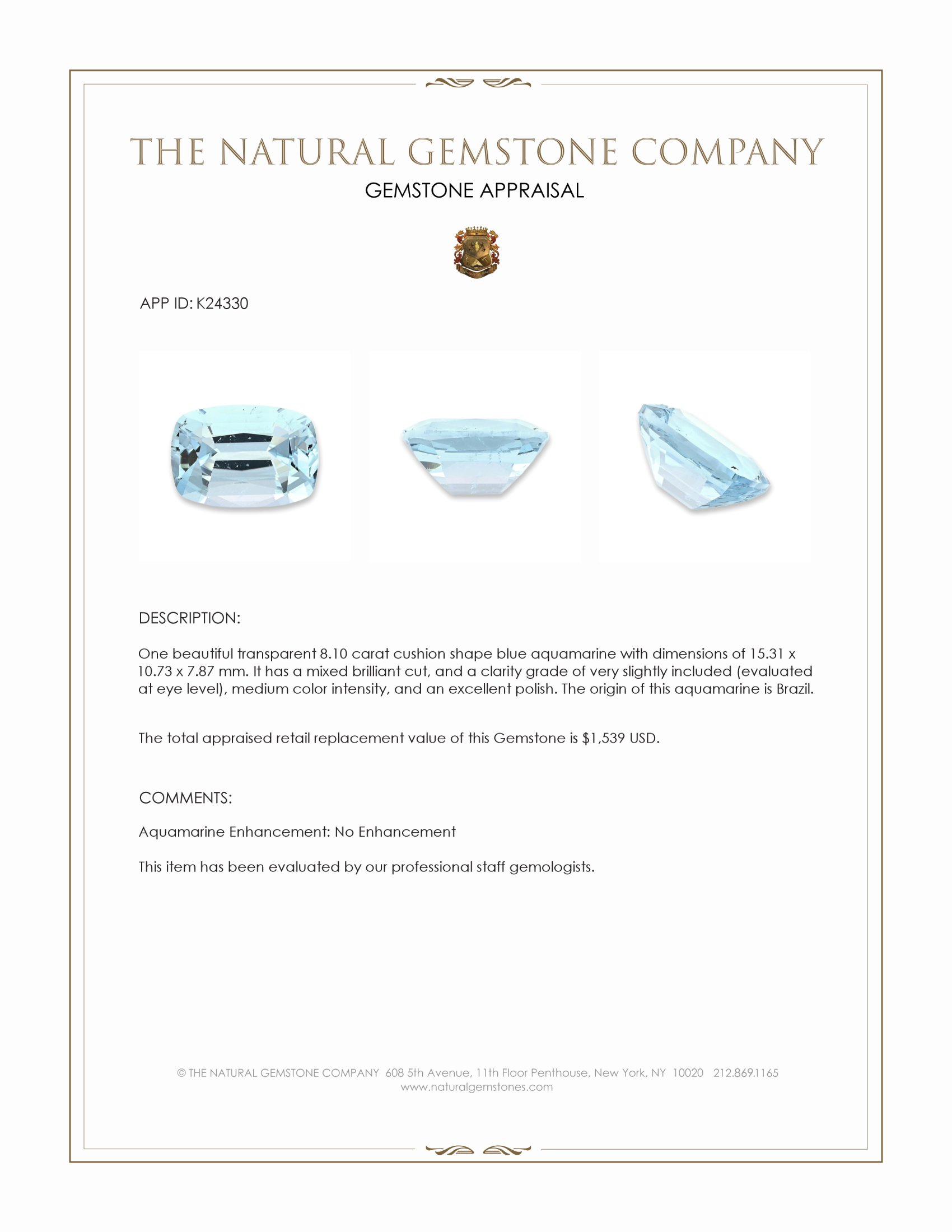 8.10 Ct. Blue Aquamarine from Brazil
