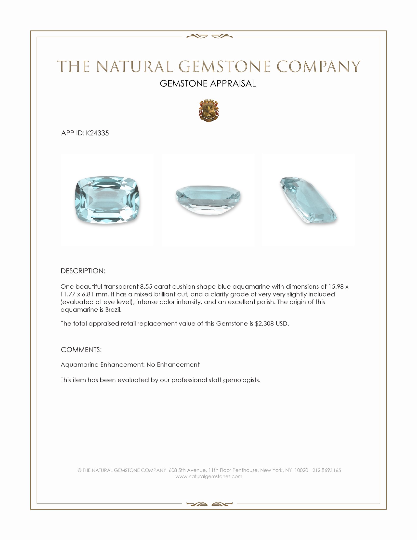 8.55 Ct. Blue Aquamarine from Brazil