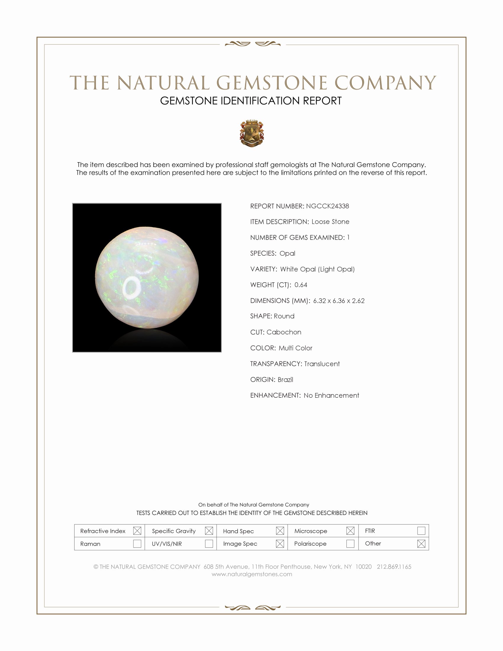 0.64 Ct. Multi Color Cabochon White Opal (Light Opal) from Brazil
