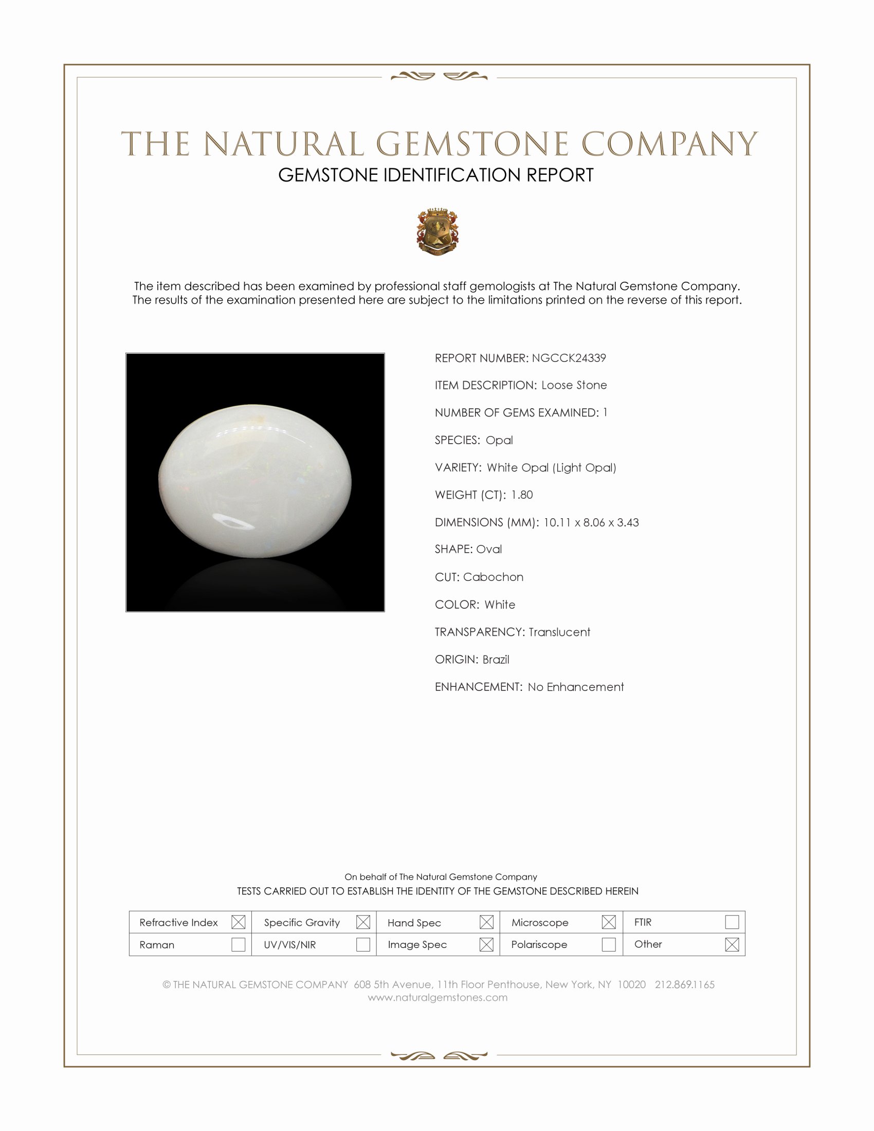1.80 Ct. White Cabochon White Opal (Light Opal) from Brazil
