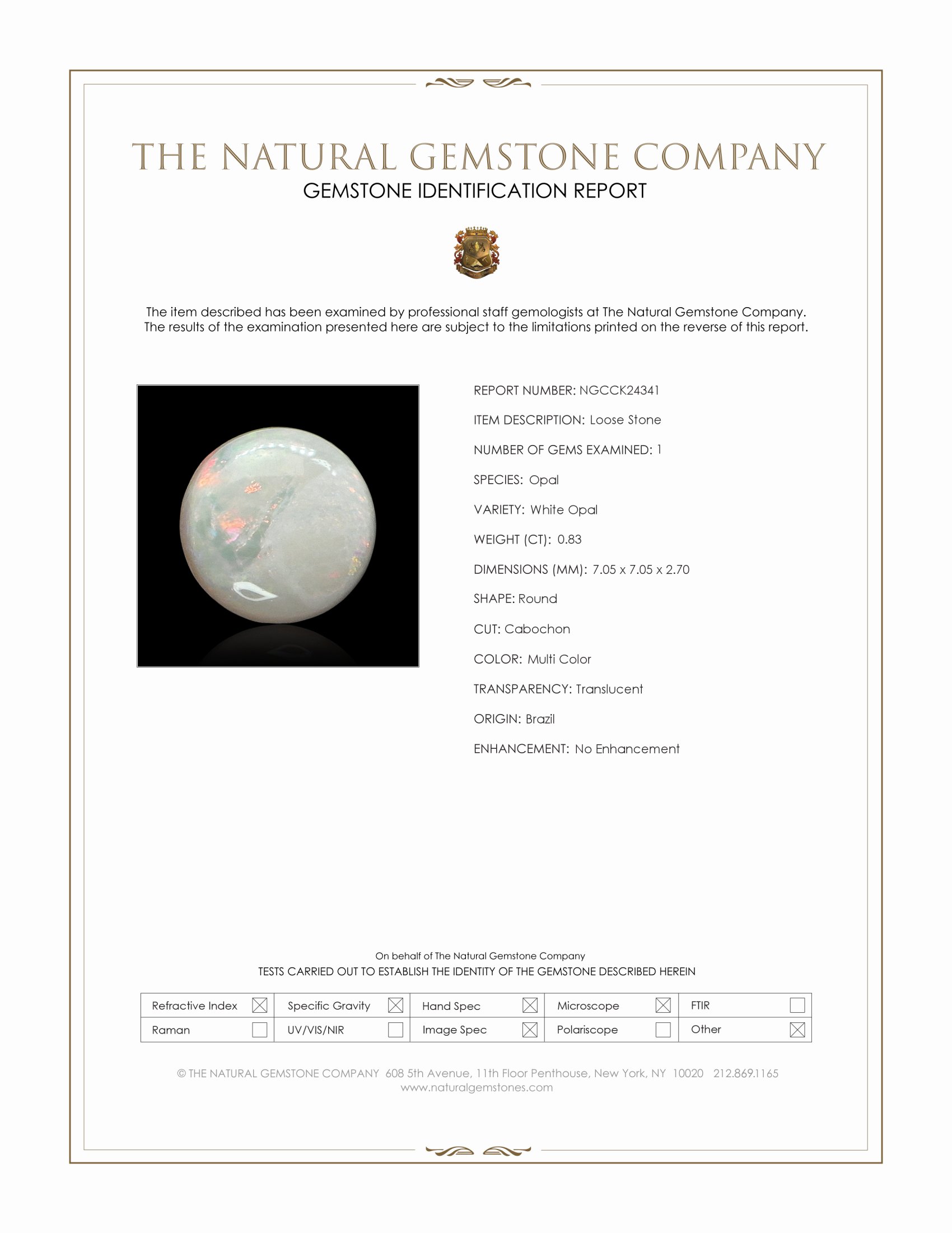 0.83 Ct. Multi Color Cabochon White Opal (Light Opal) from Brazil