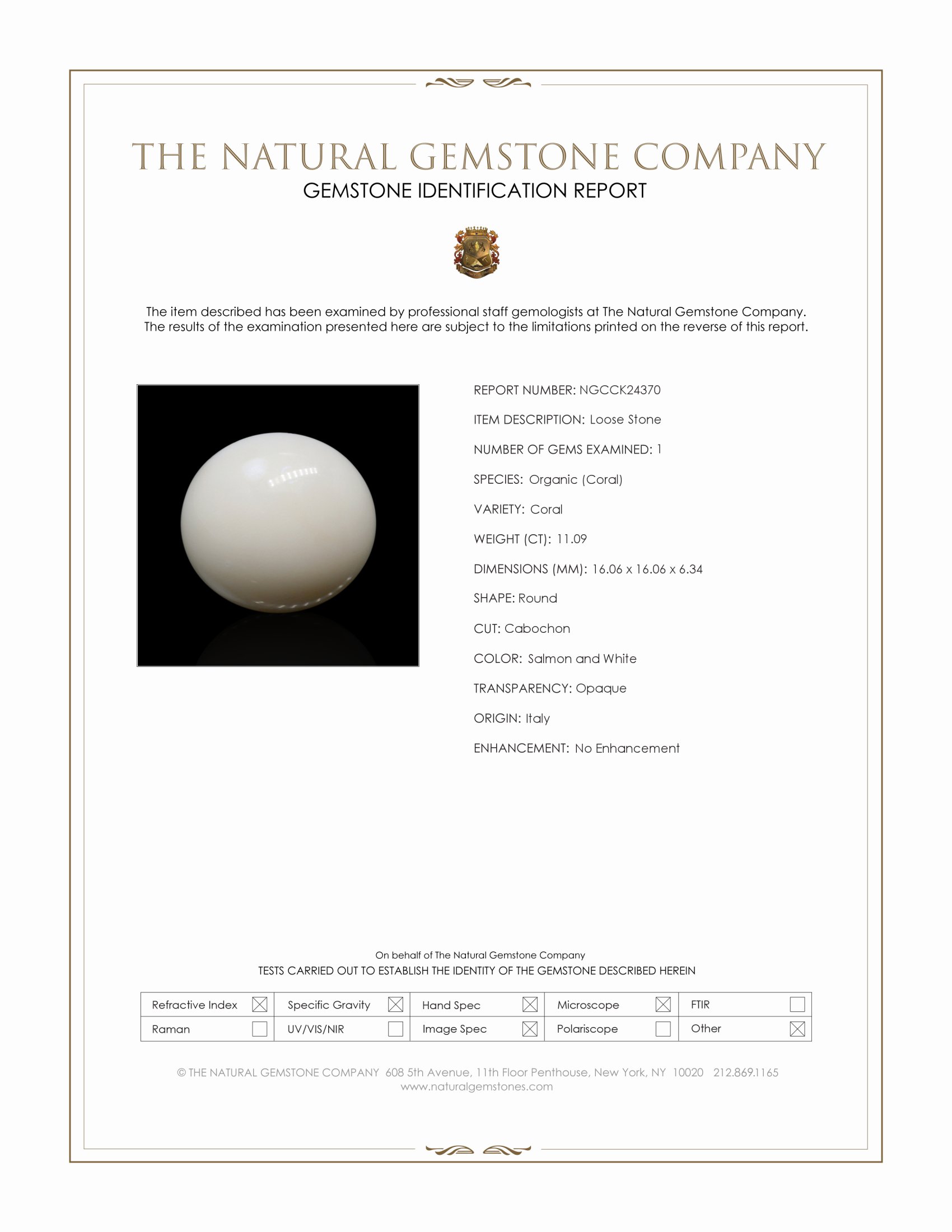 11.09 Ct. Salmon and White Cabochon Coral from Italy