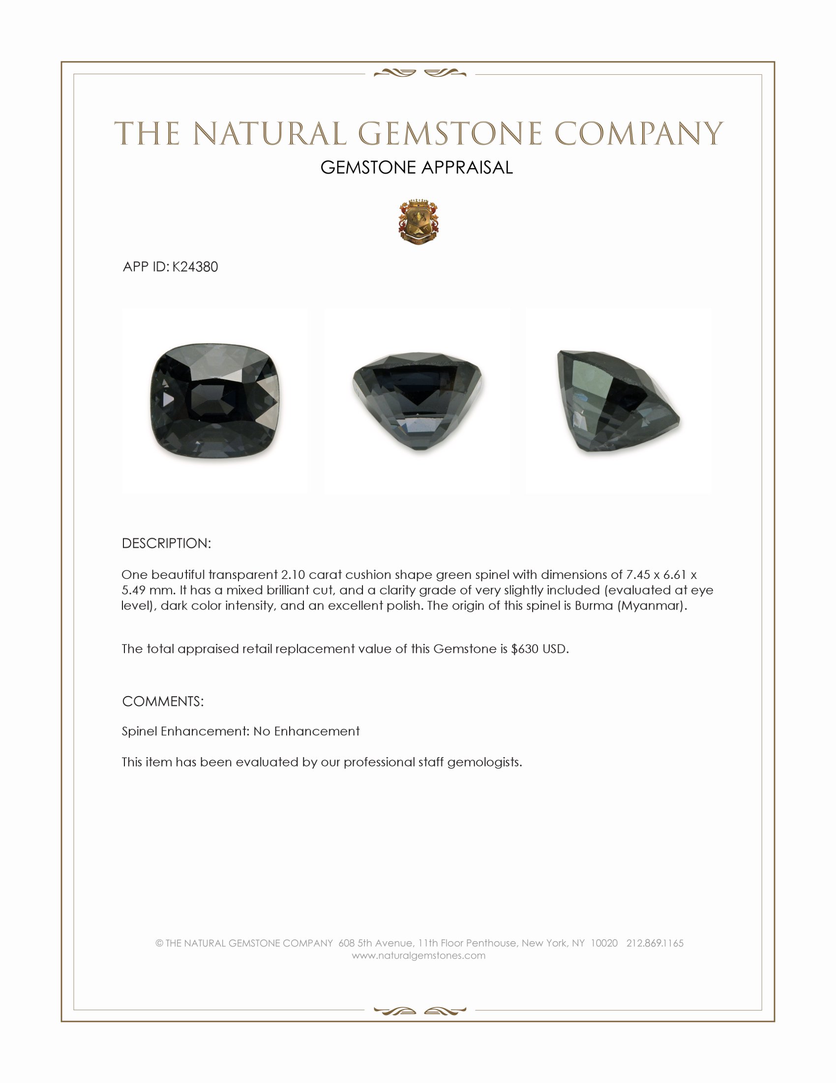 2.10 Ct. Green Spinel from Burma (Myanmar)