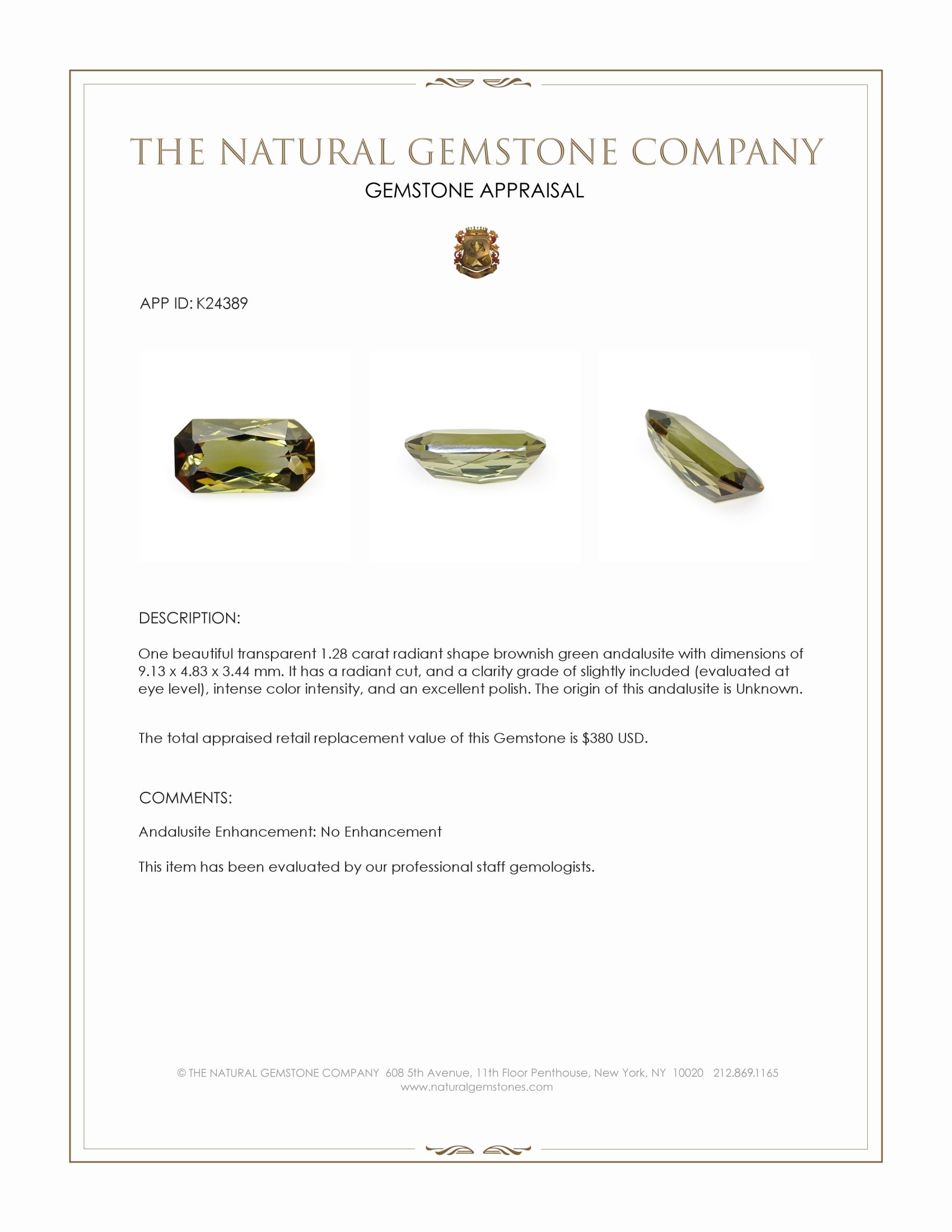 1.28 Ct. Brownish Green Andalusite