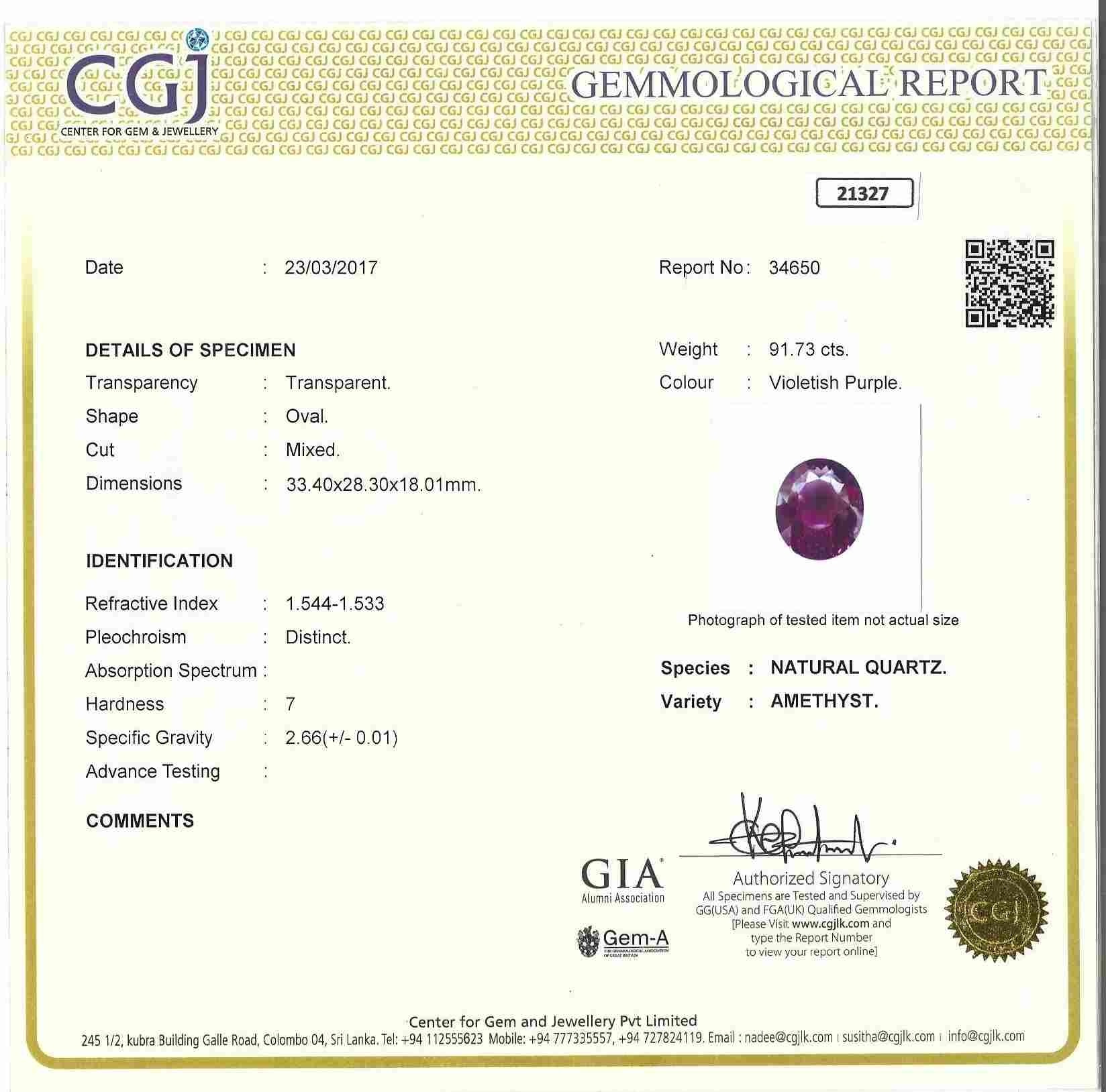 91.70 Ct. Purple Amethyst from Ceylon (Sri Lanka)
