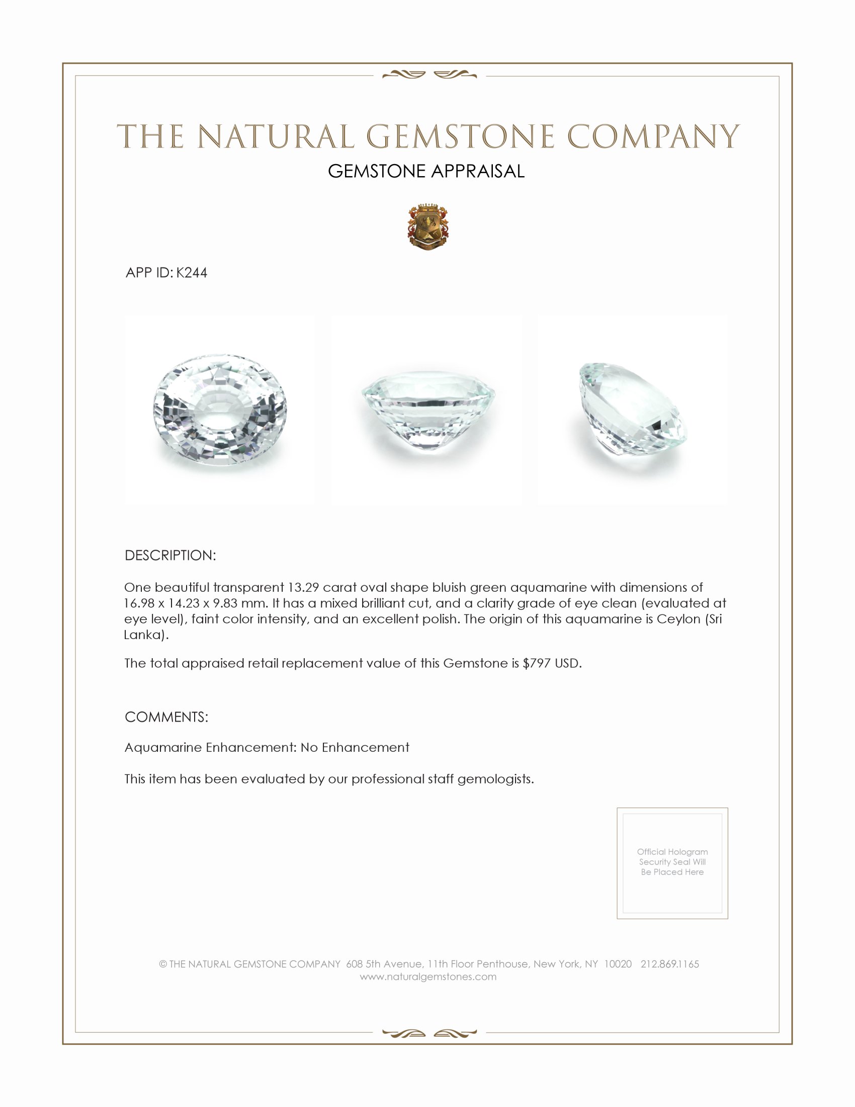 13.29 Ct. Greenish Blue Aquamarine from Ceylon (Sri Lanka)