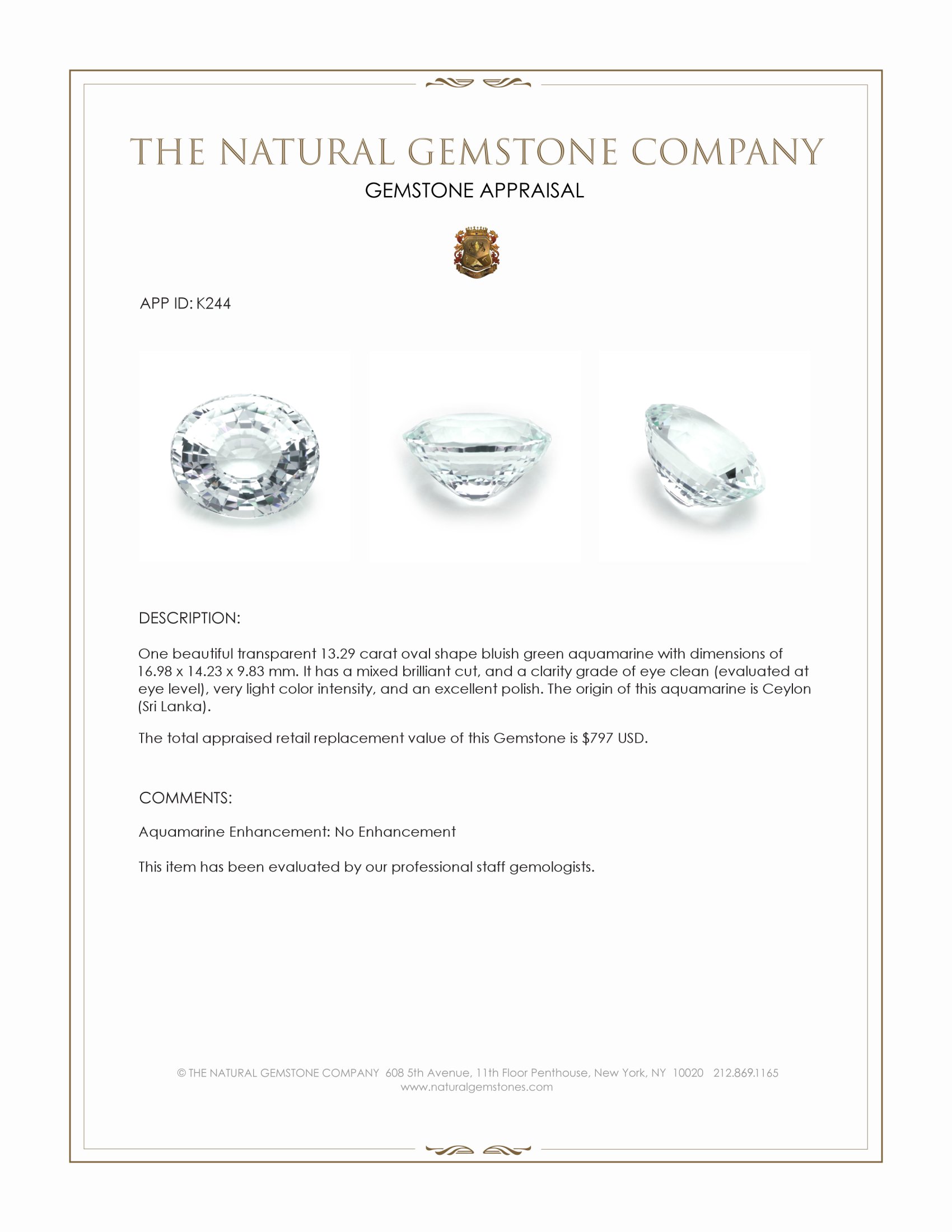 13.29 Ct. Aquamarine from Ceylon (Sri Lanka)