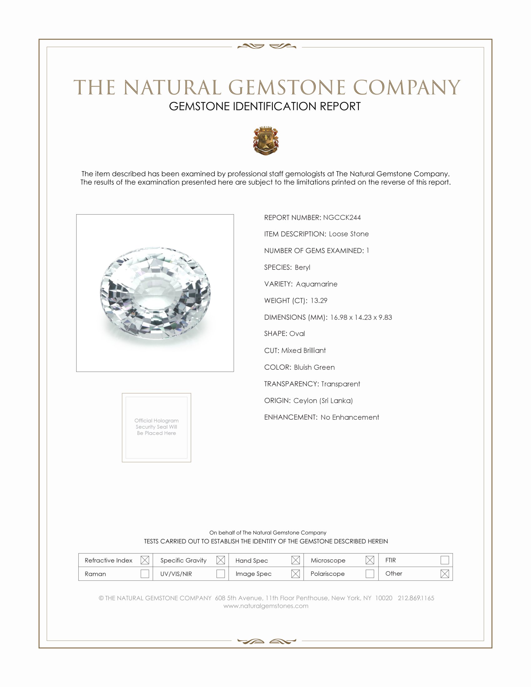 13.29 Ct. Bluish Green Aquamarine from Ceylon (Sri Lanka)