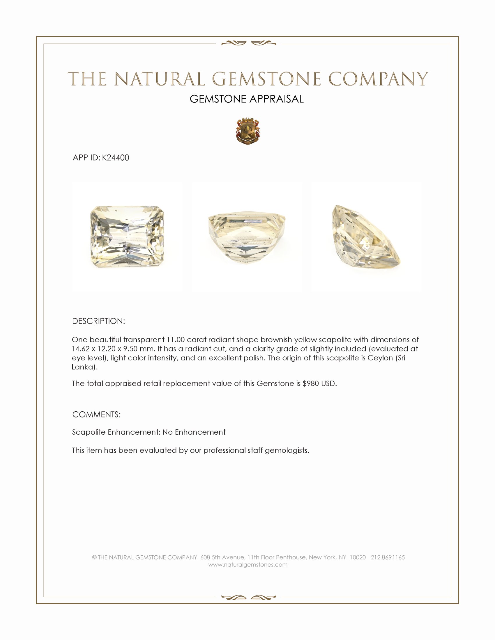 11.00 Ct. Brownish Yellow Scapolite from Ceylon (Sri Lanka)