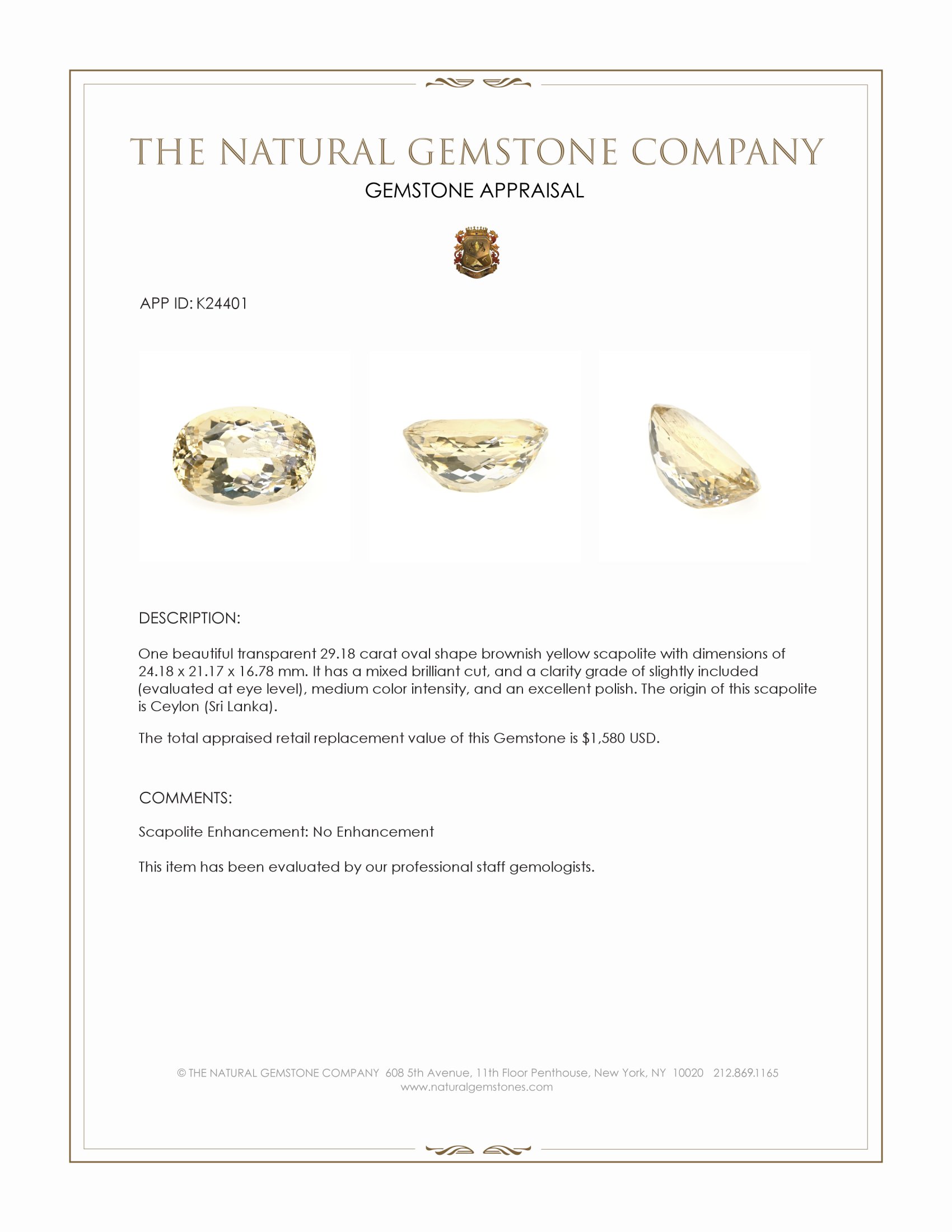 29.18 Ct. Brownish Yellow Scapolite from Ceylon (Sri Lanka)