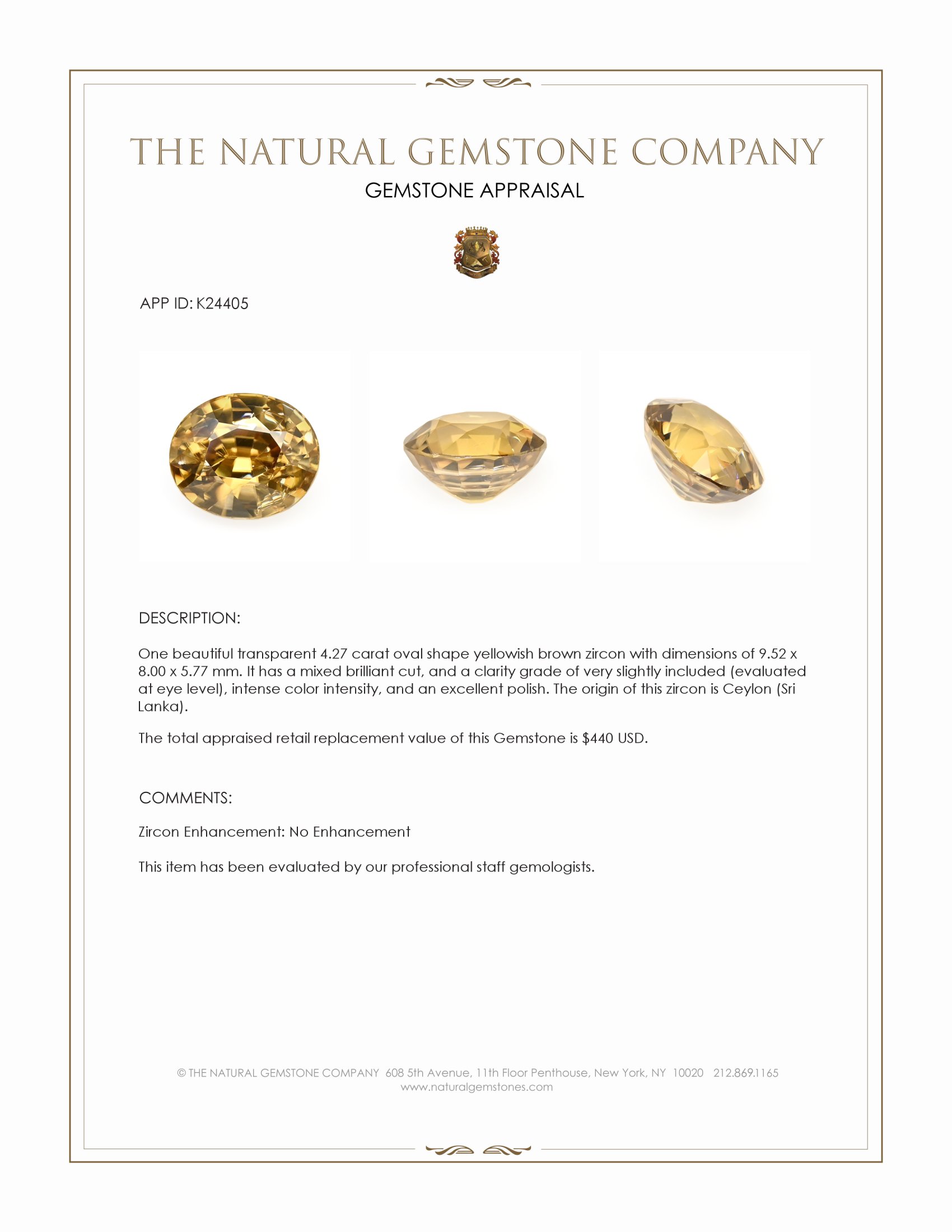 4.27 Ct. Yellowish Brown Zircon from Ceylon (Sri Lanka)