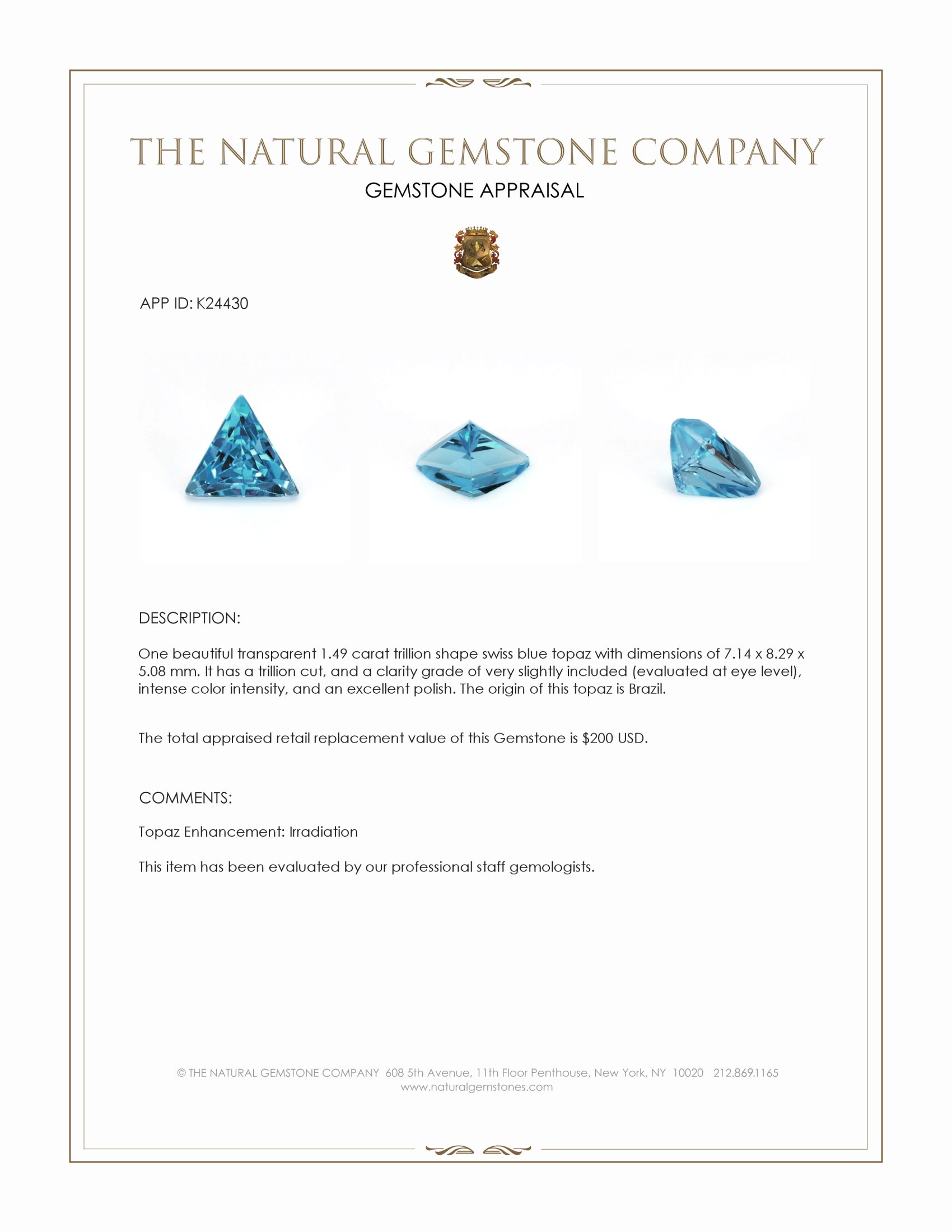1.49 Ct. Swiss Blue Topaz from Brazil
