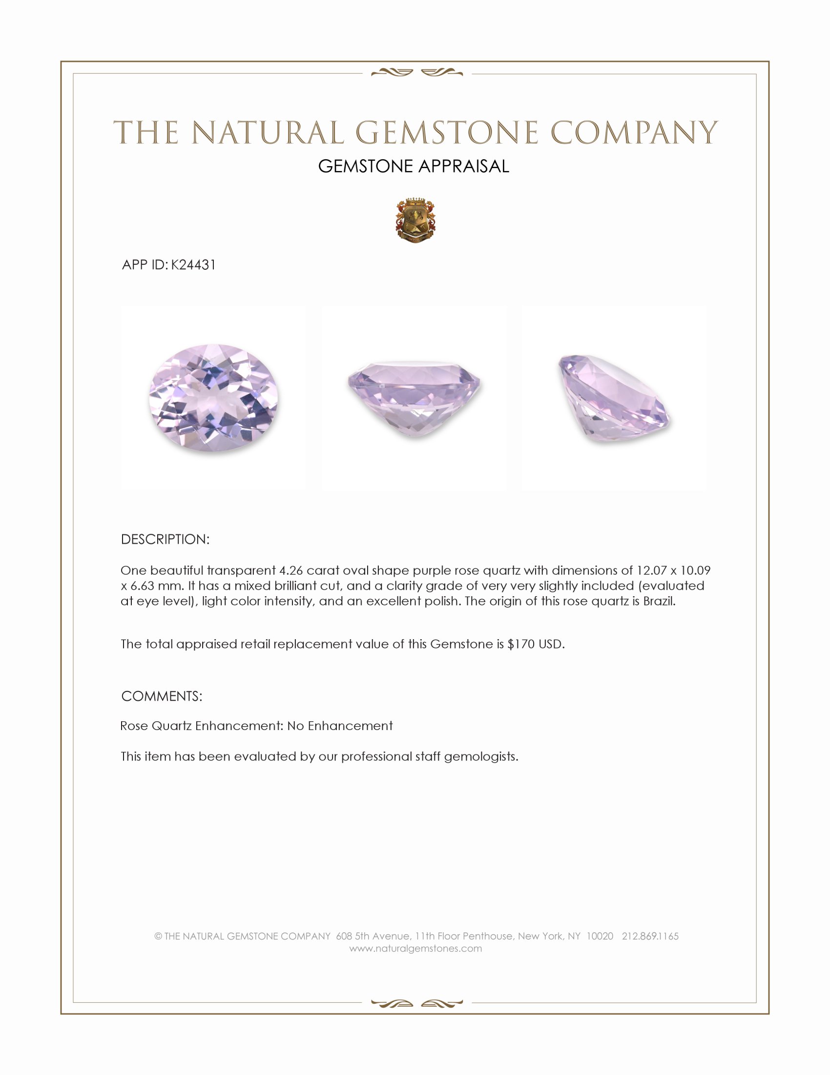 4.26 Ct. Purple Rose Quartz from Brazil