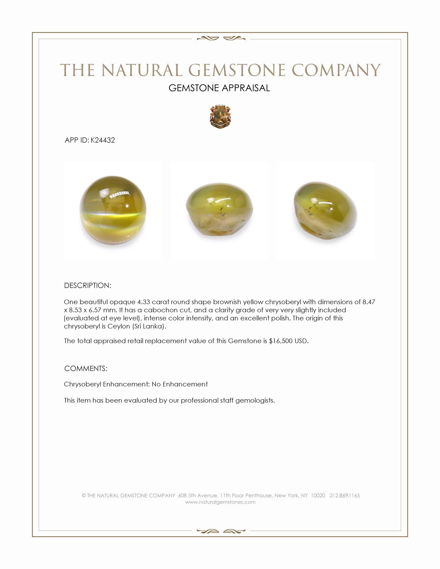 4.33 Ct. Brownish Yellow Cabochon Chrysoberyl from Ceylon (Sri Lanka)