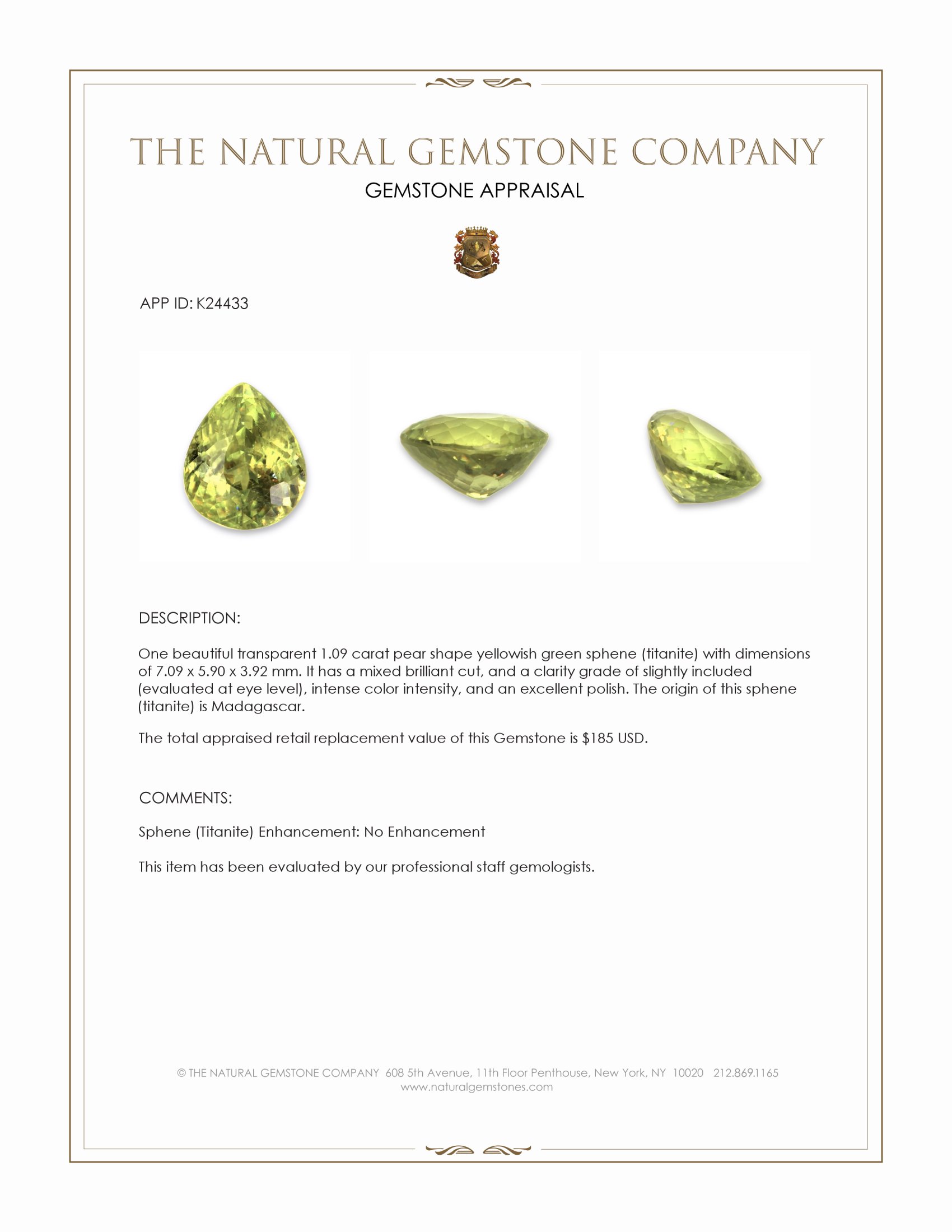 1.09 Ct. Yellowish Green Sphene (Titanite) from Madagascar