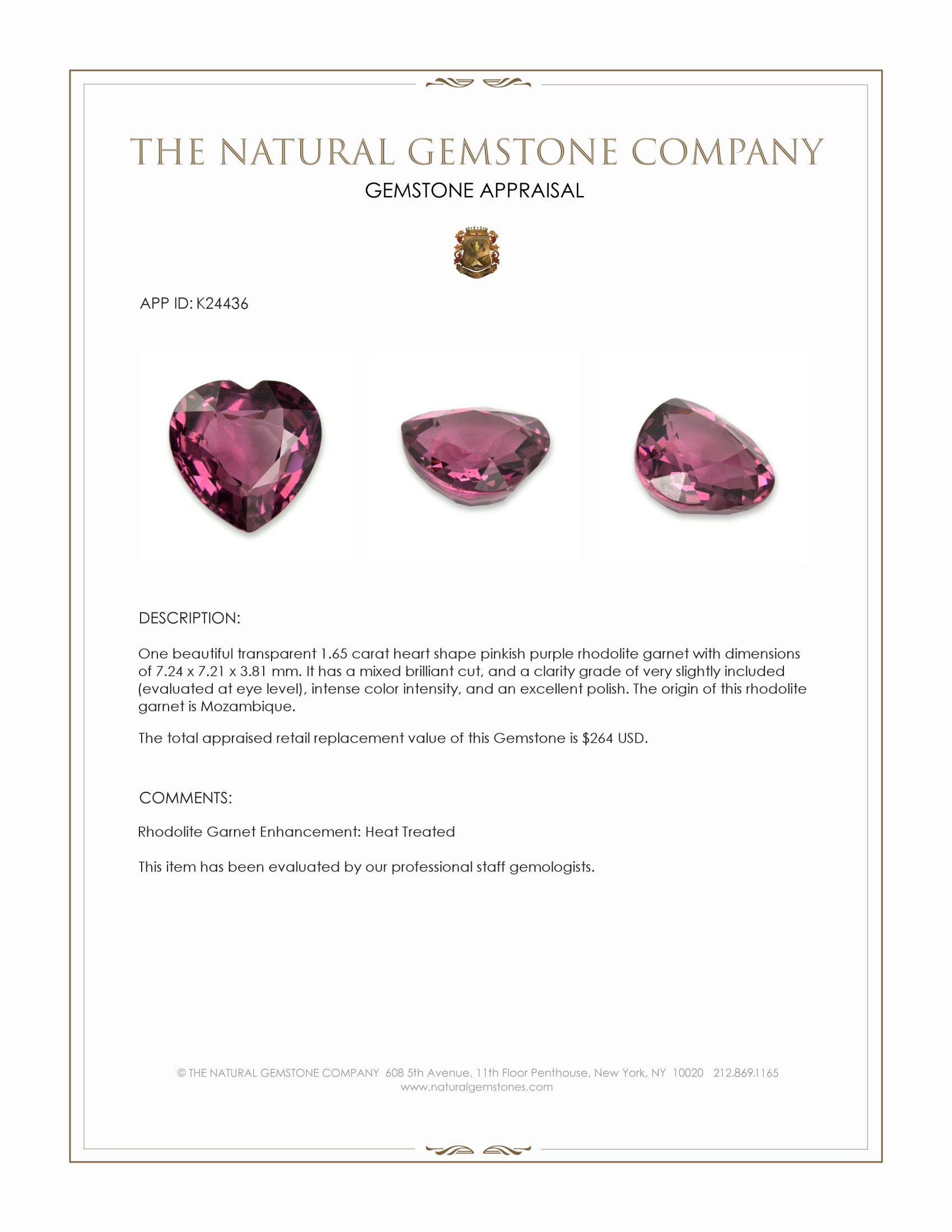 1.65 Ct. Pinkish Purple Rhodolite Garnet from Mozambique