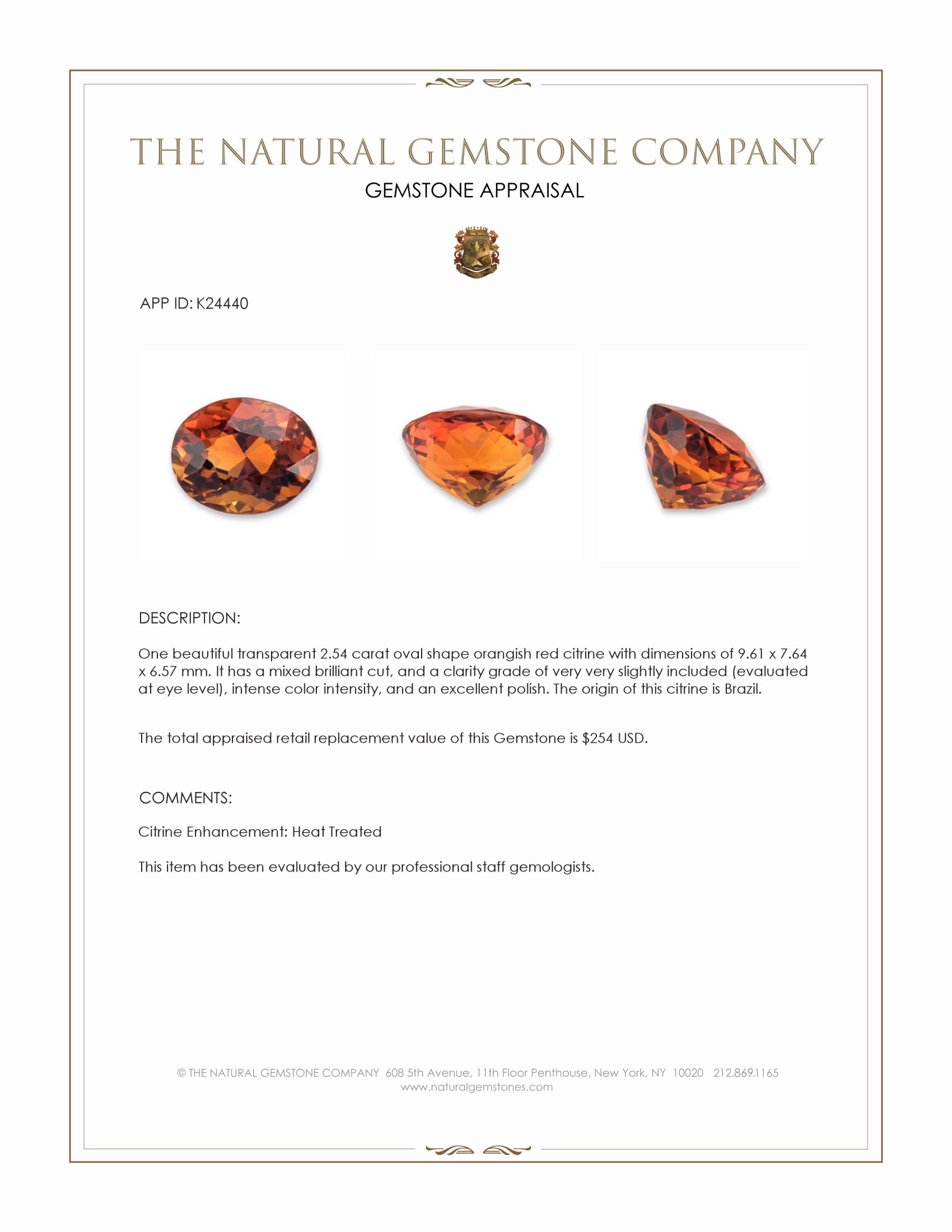 2.54 Ct. Orangish Red Citrine from Brazil