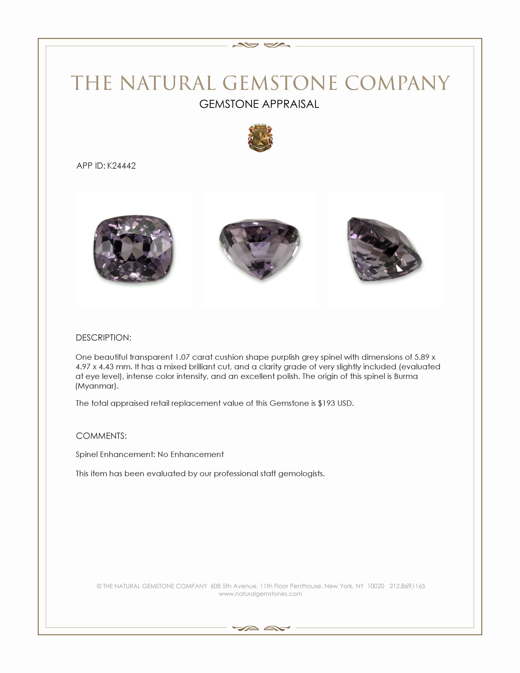 1.07 Ct. Purplish Grey Spinel from Burma (Myanmar)