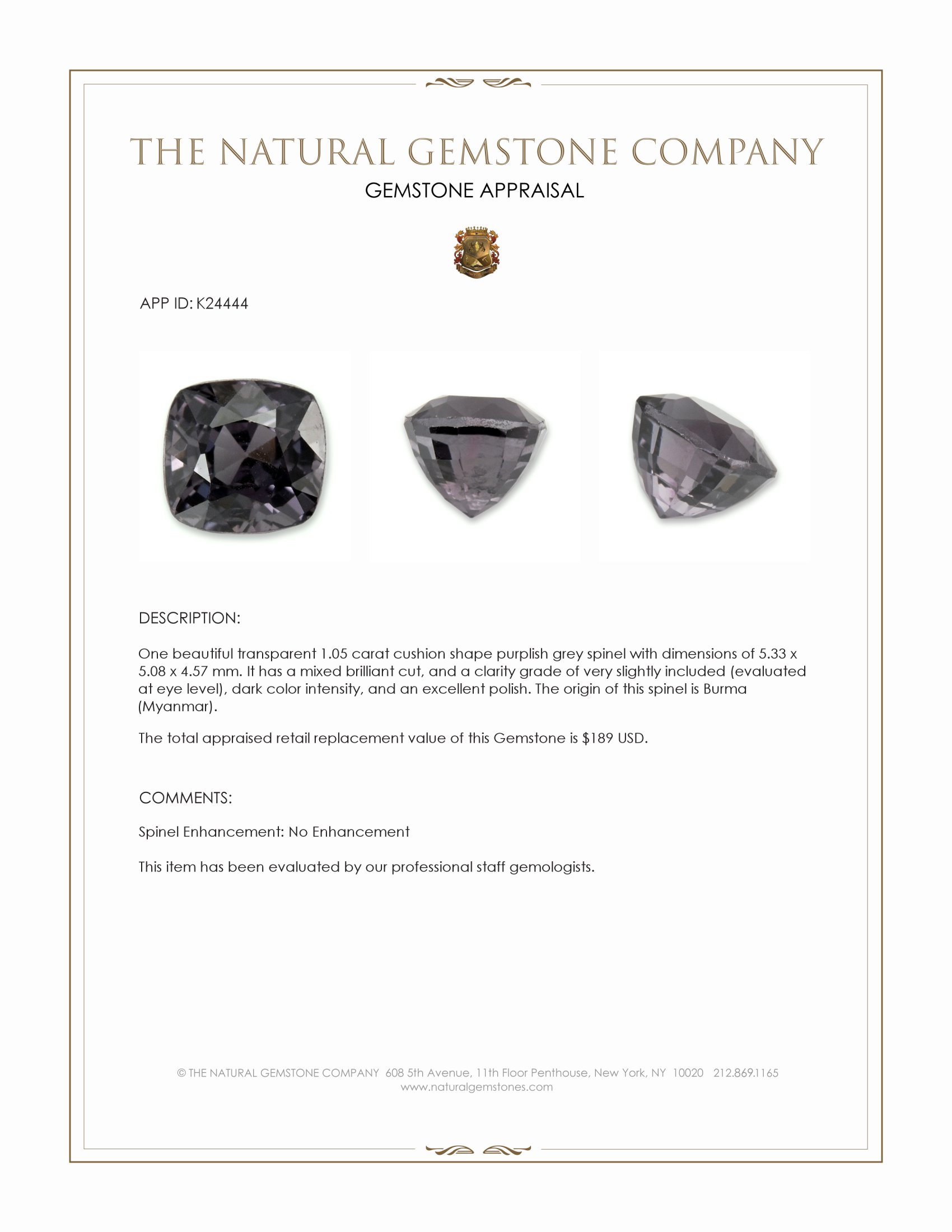 1.05 Ct. Purplish Grey Spinel from Burma (Myanmar)
