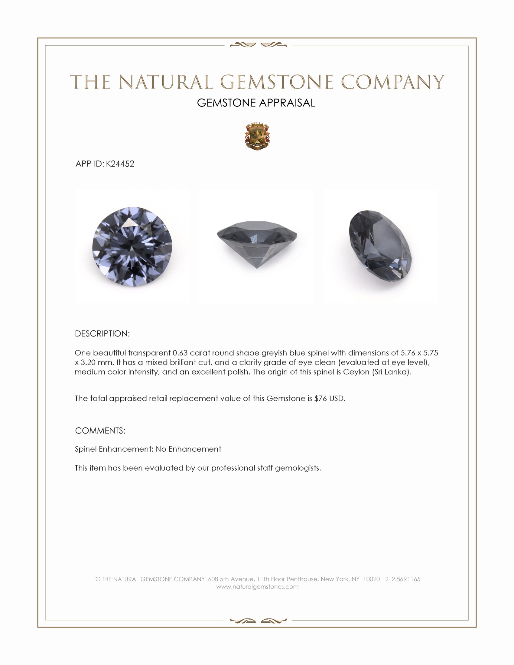 0.63 Ct. Greyish Blue Spinel from Ceylon (Sri Lanka)
