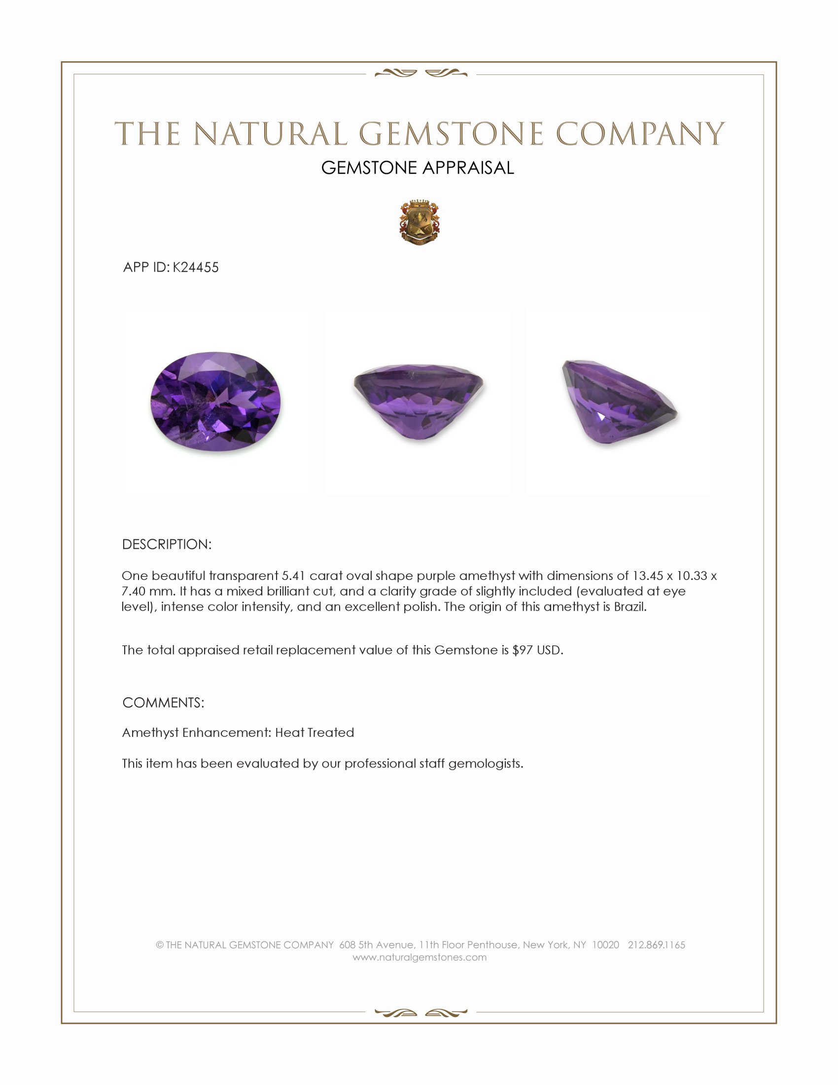 5.41 Ct. Purple Amethyst from Brazil