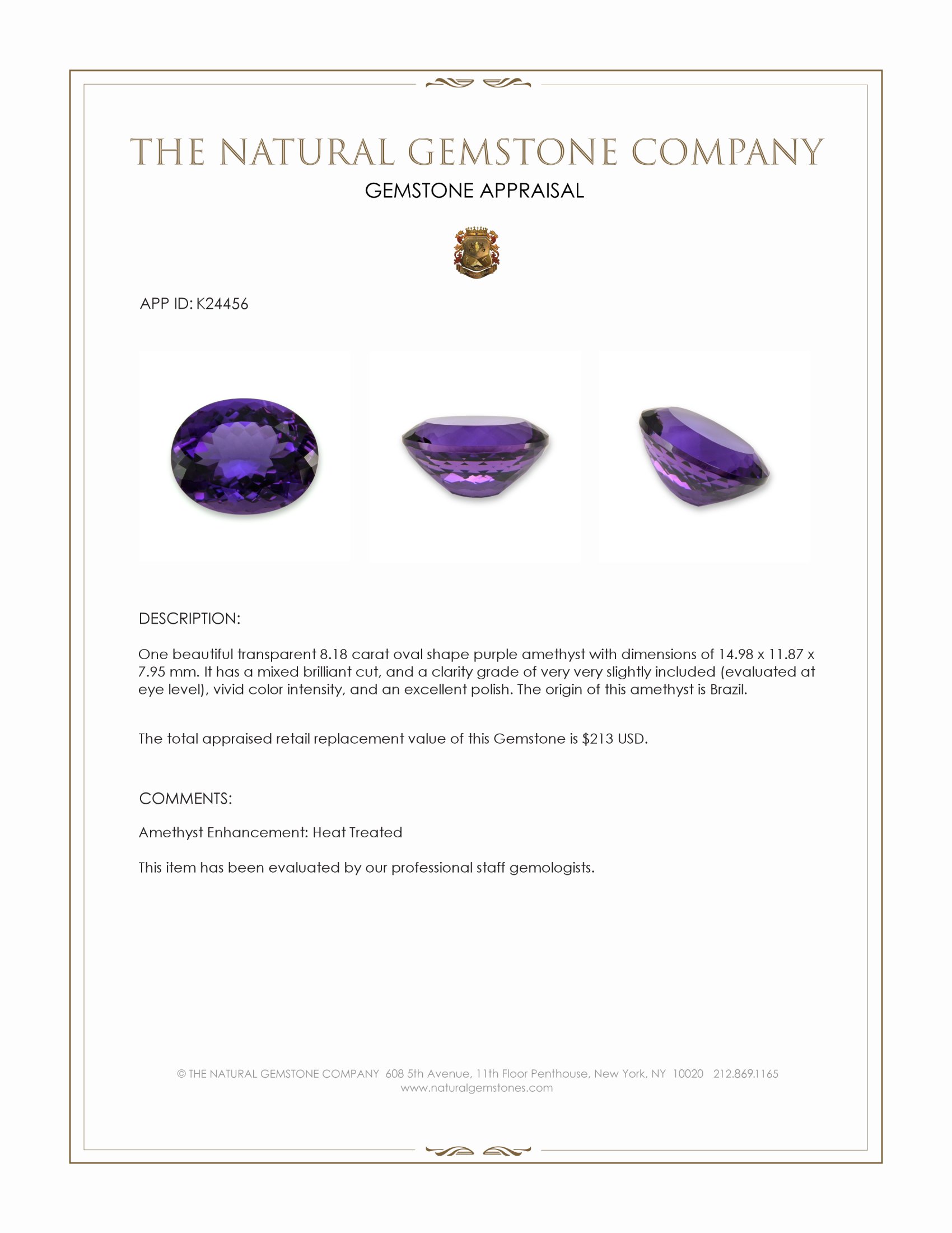 8.18 Ct. Purple Amethyst from Brazil