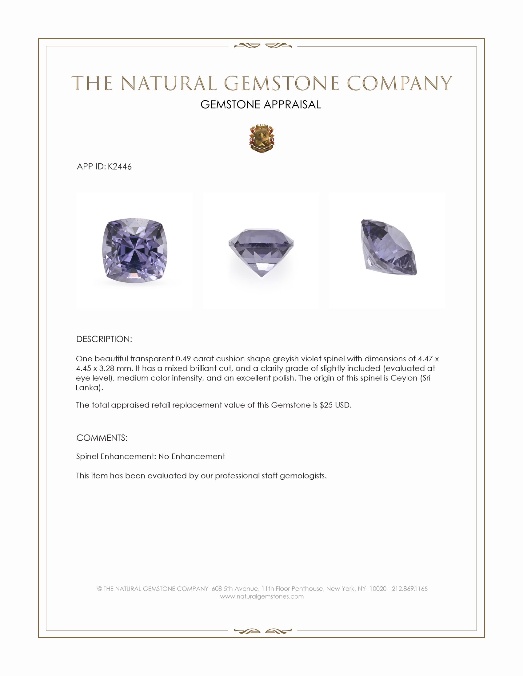 0.49 Ct. Greyish Violet Spinel from Ceylon (Sri Lanka)