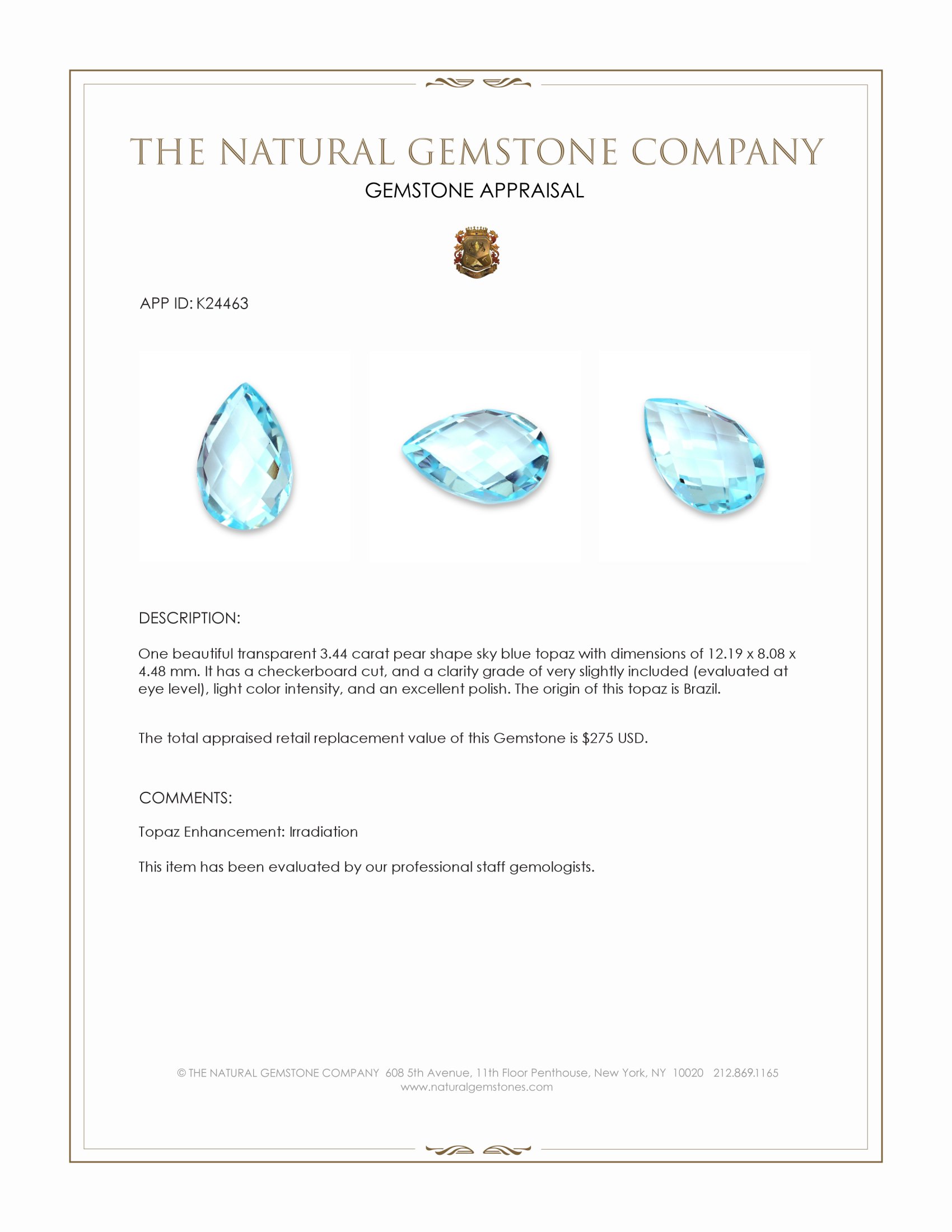 3.44 Ct. Sky Blue Topaz from Brazil