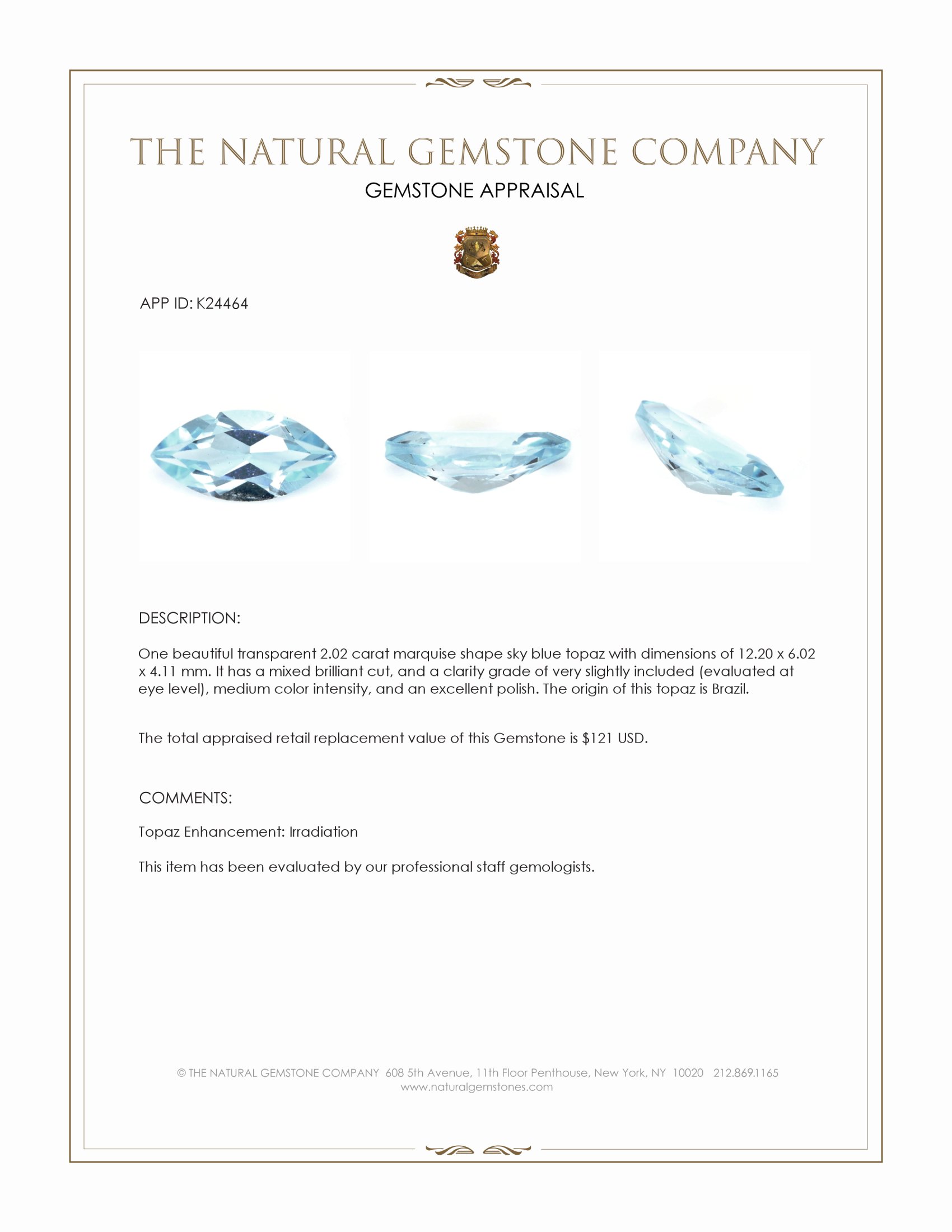 2.02 Ct. Sky Blue Topaz from Brazil