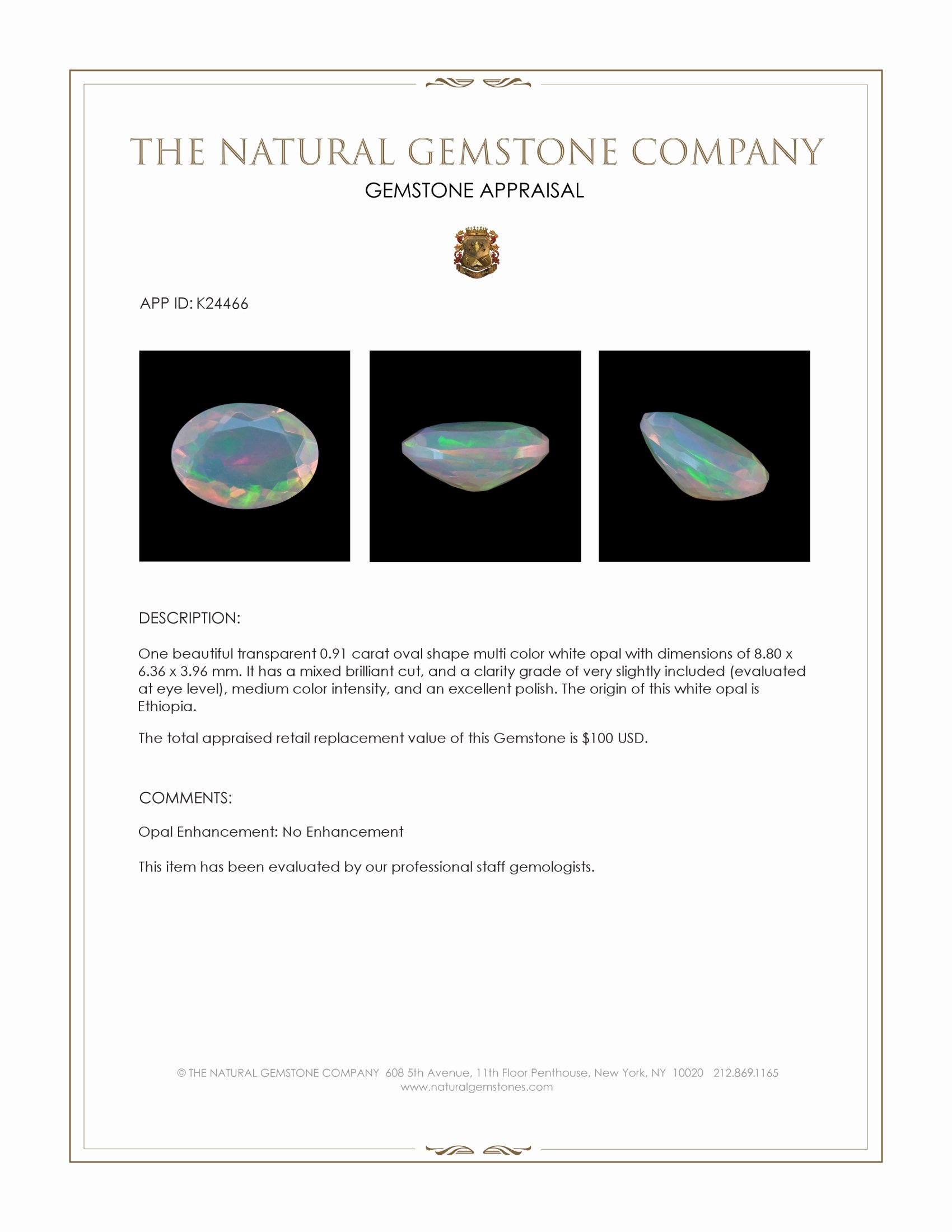 0.91 Ct. Multi Color White Opal from Ethiopia