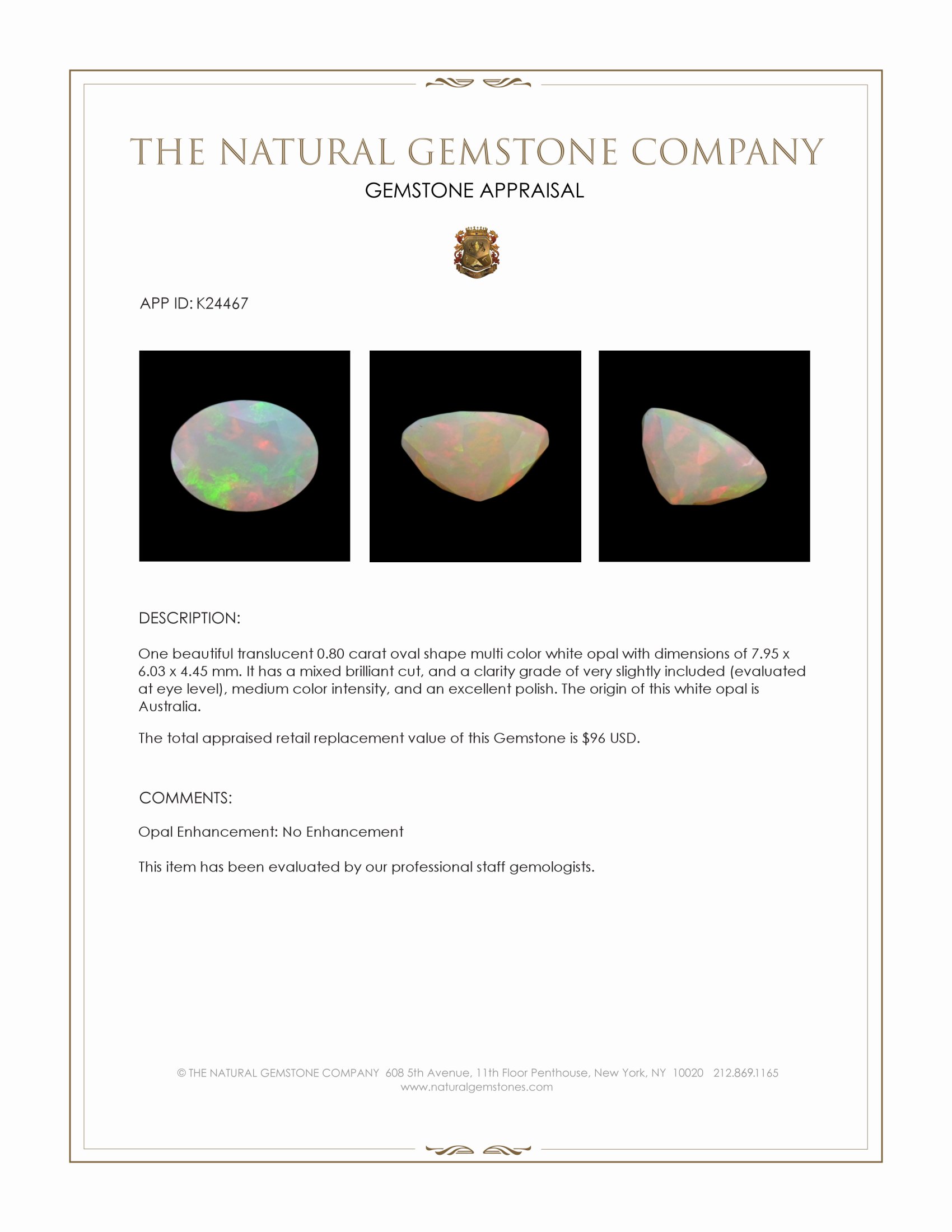 0.80 Ct. Multi Color White Opal from Australia