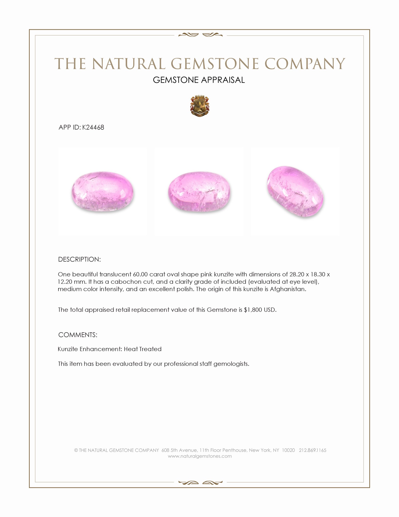 60.00 Ct. Pink Cabochon Kunzite from Afghanistan