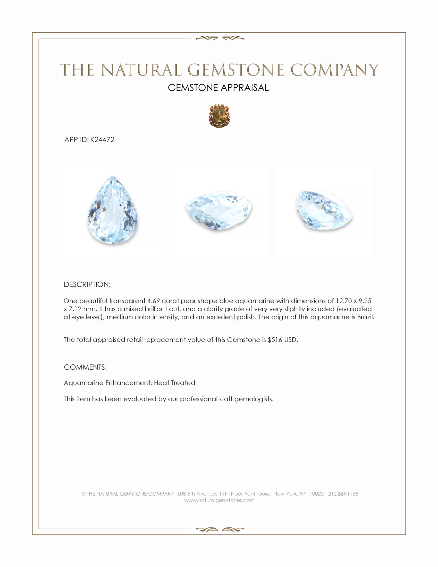 4.69 Ct. Blue Aquamarine from Brazil