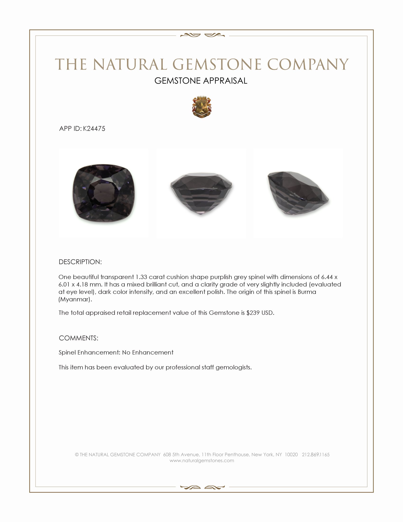 1.33 Ct. Purplish Grey Spinel from Burma (Myanmar)