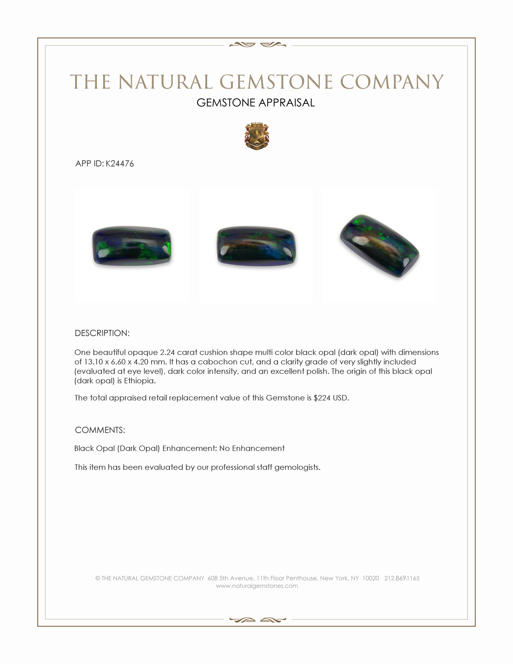 2.24 Ct. Multi Color Cabochon Black Opal (Dark Opal) from Ethiopia