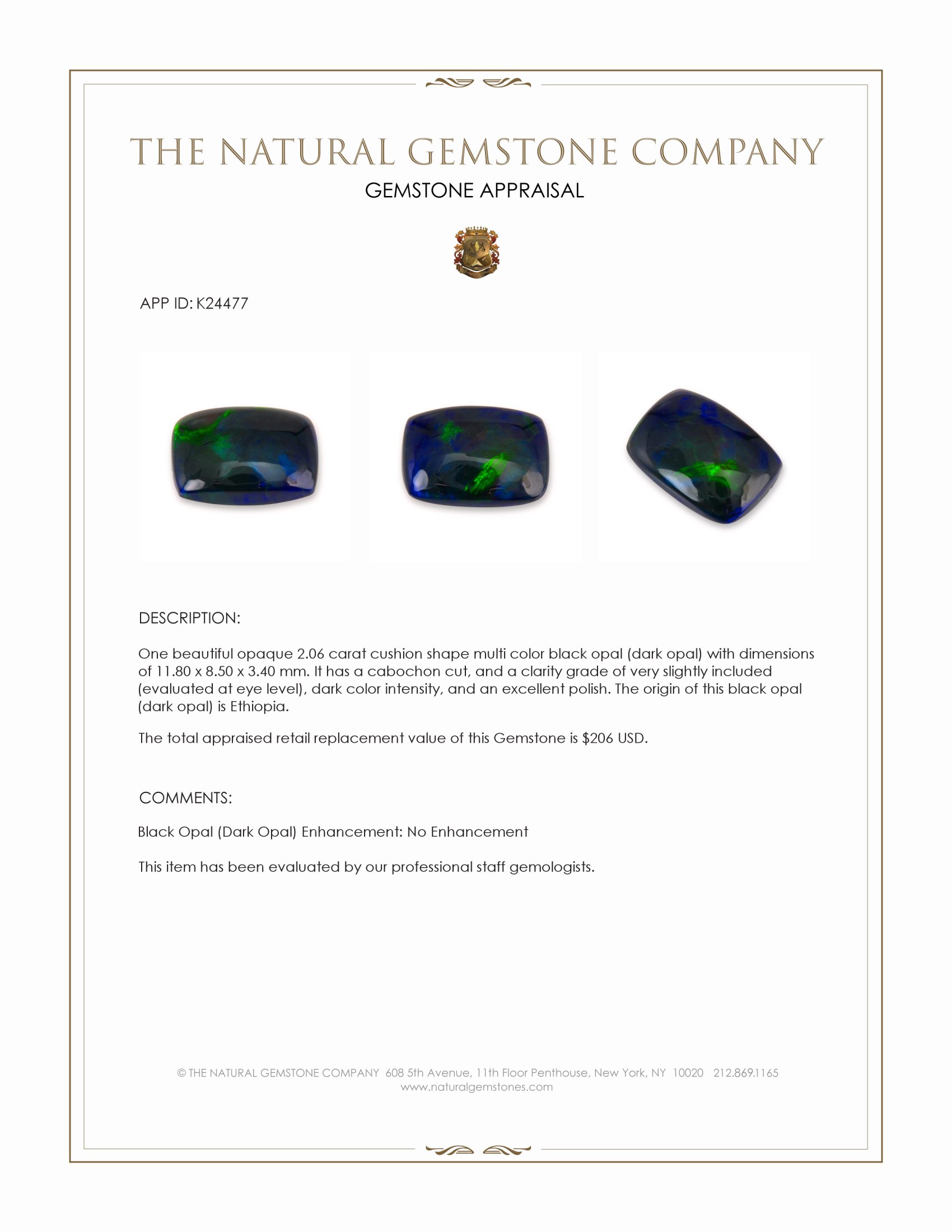 2.06 Ct. Multi Color Cabochon Black Opal (Dark Opal) from Ethiopia