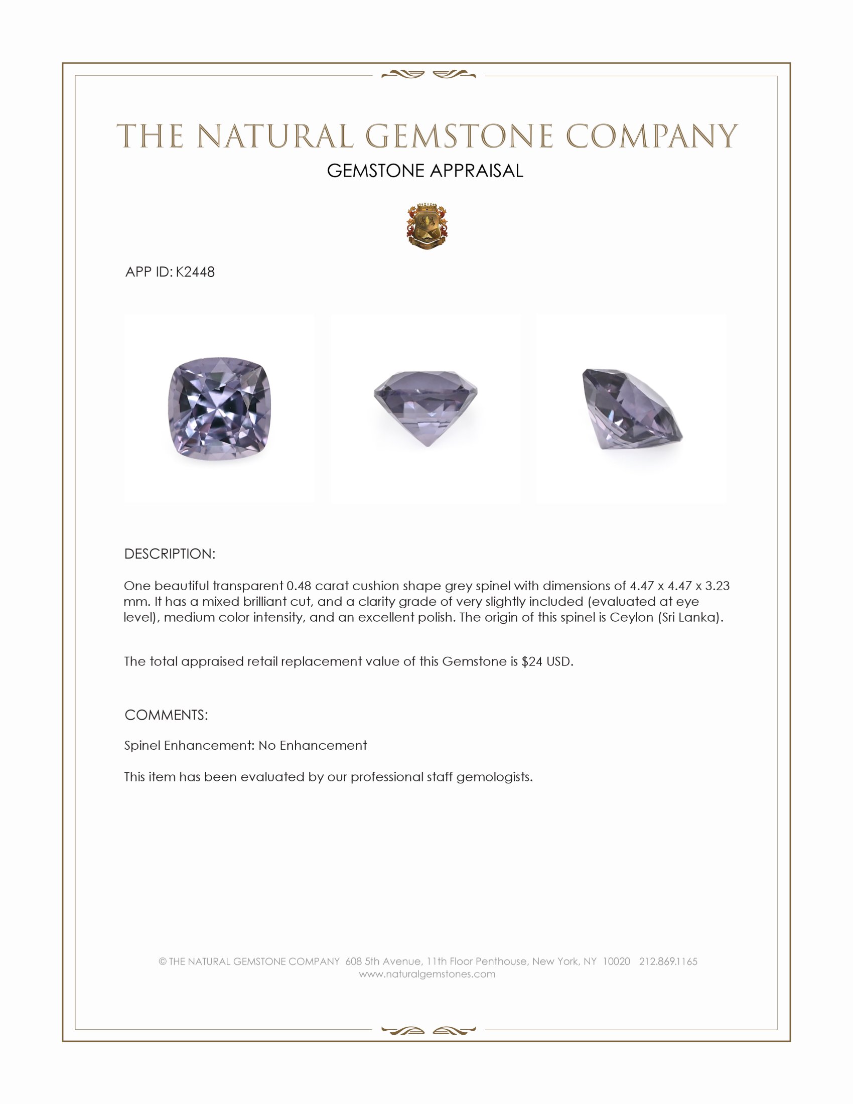 0.48 Ct. Grey Spinel from Ceylon (Sri Lanka)