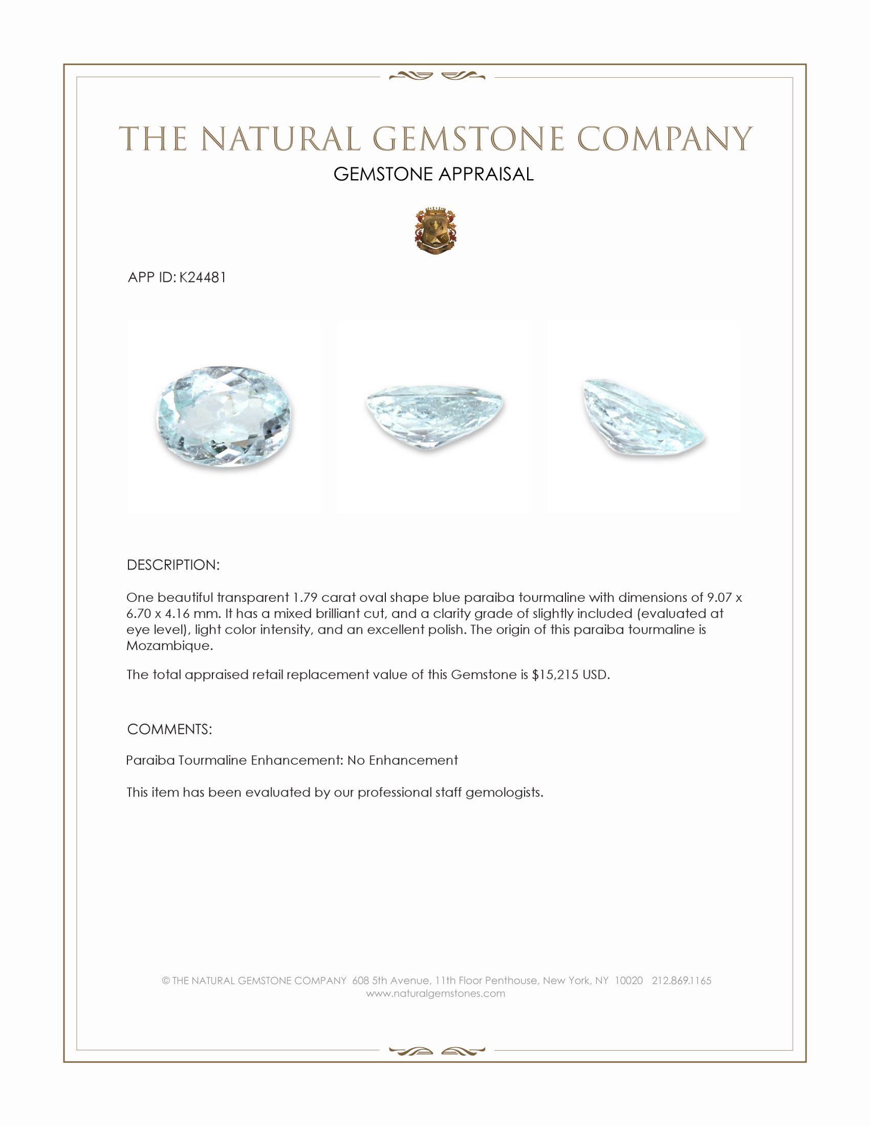 1.79 Ct. Blue Paraiba Tourmaline from Mozambique