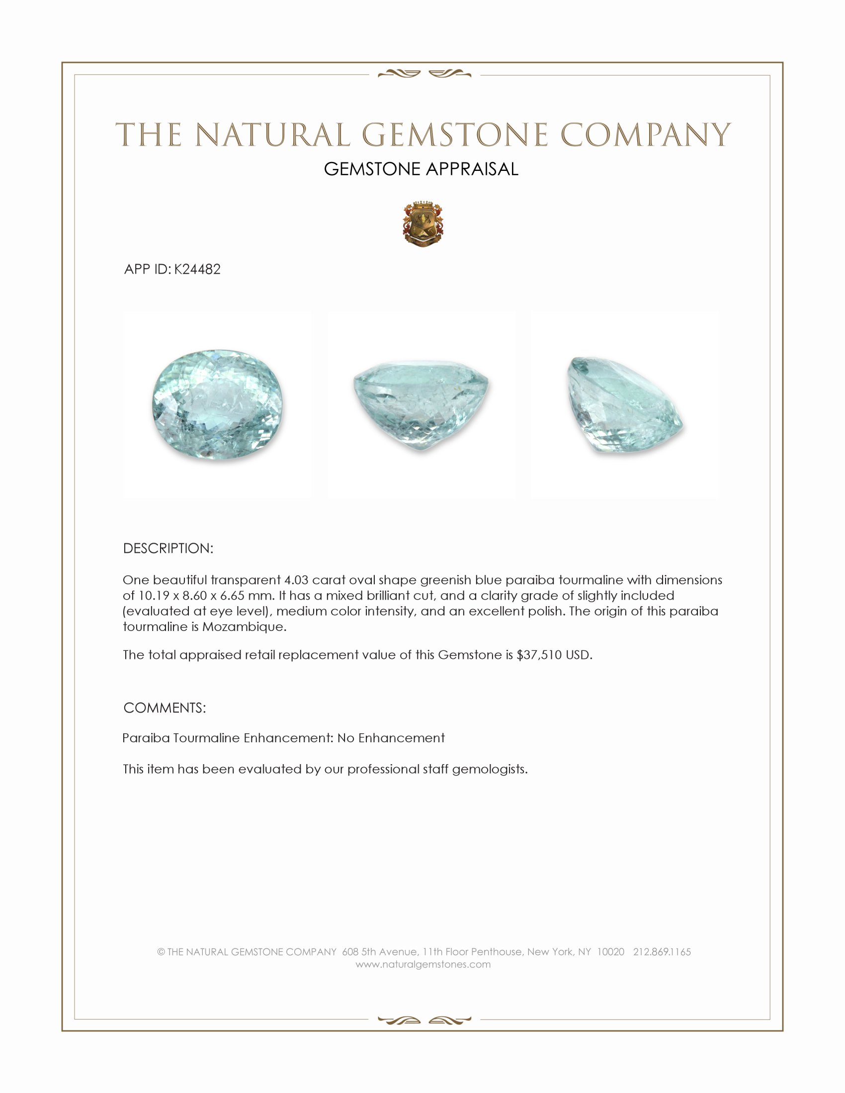 4.03 Ct. Greenish Blue Paraiba Tourmaline from Mozambique